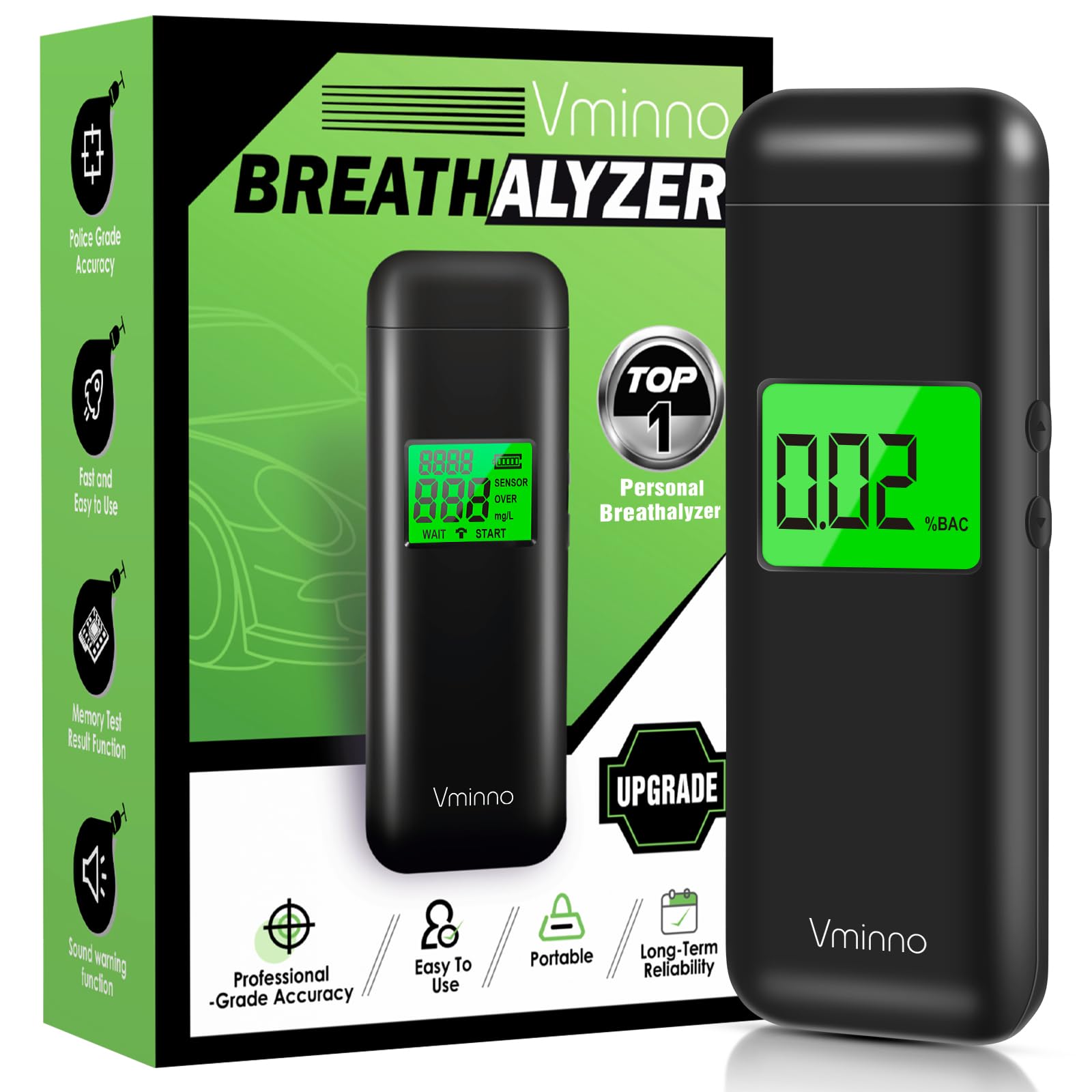 Vminno Professional Rechargeable Breathalyzer - High Accuracy Alcohol Tester with Memory & Warning Function, Includes 10 Mouthpieces - Perfect for Home Safety, Workplace Testing & Personal BAC Monitoring