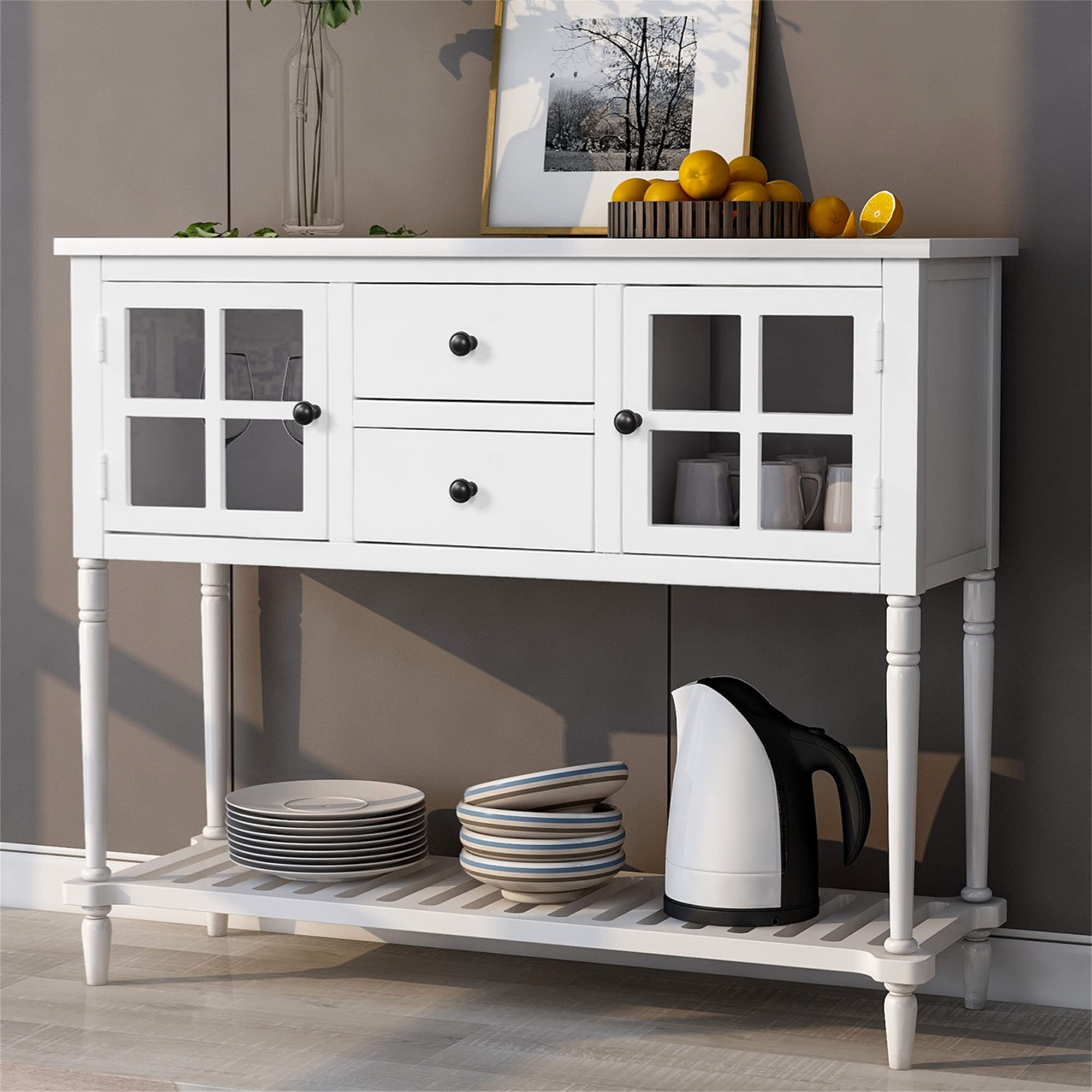 Farmhouse Console Table with Storage - Entryway Cabinet for Living Room (White) - Home Decor