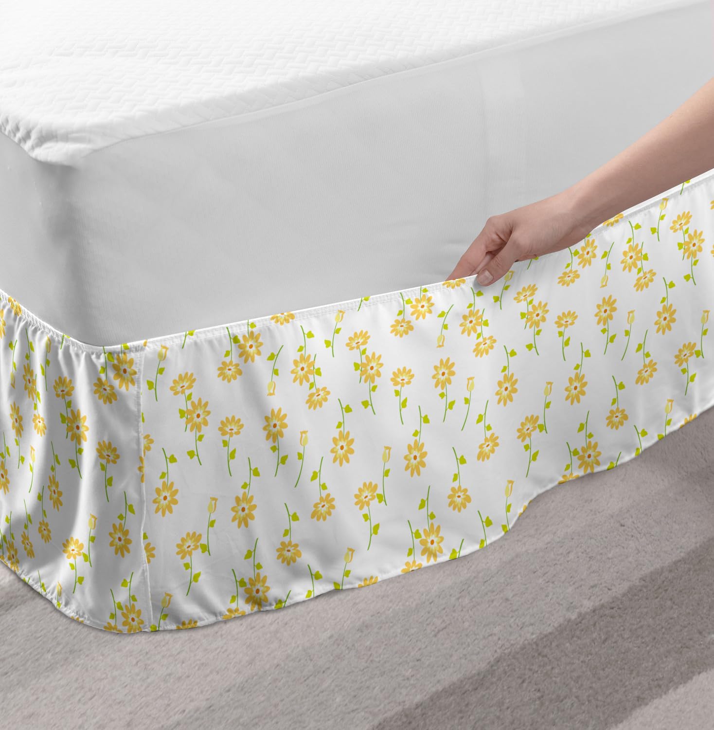 Ambesonne Floral Bed Skirt - Vibrant Tulip Pattern Elastic Dust Ruffle Wrap for Twin/Twin XL Beds | Spring Blossom Decor in Mustard Yellow & Green | Perfect for Bedroom Makeover & Guest Room Styling