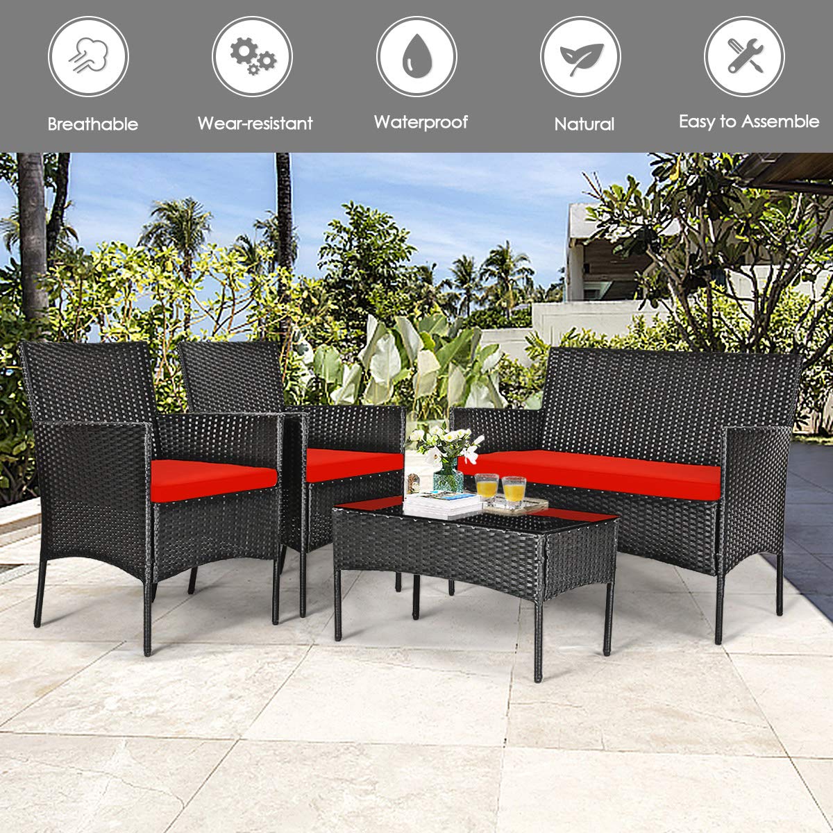 8-Piece Outdoor Patio Furniture Set - Rattan Wicker Conversation Sofa with Tempered Glass Table & Removable Cushions - Perfect for Poolside, Garden, Backyard, and Patio Relaxation