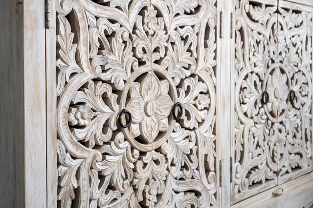 Hand Carved Floral Pattern White Buffet Table - Wood Carving Sideboard with Storage | Elegant Dining Room Furniture for Home Decor & Entertaining
