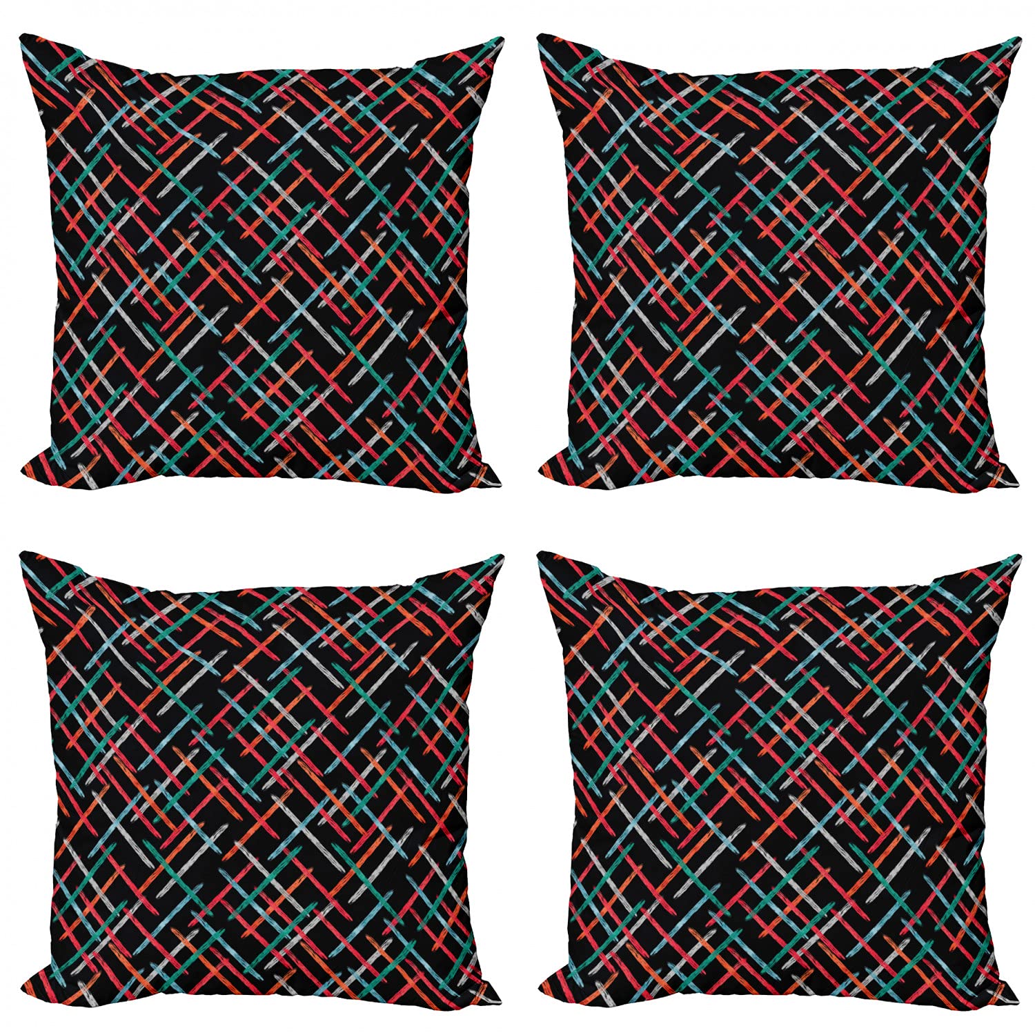 Ambesonne Abstract Throw Pillow Covers Set of 4 - Modern Watercolor Geometric Design with Color Bars on Black Background, 16 Inch Square Double-Sided Printed Decorative Cushion Covers for Sofa, Bed, Living Room Decor