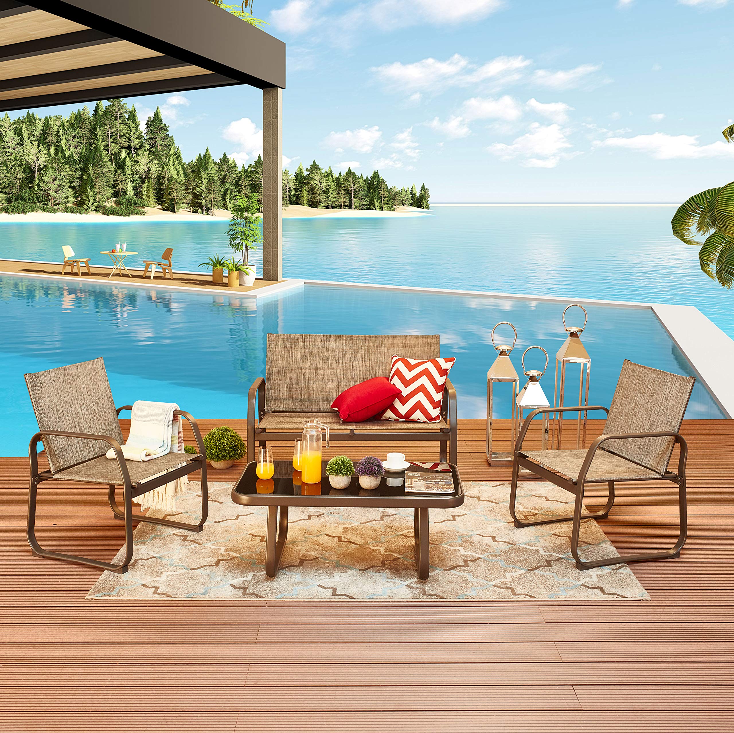 LOKATSE HOME 4-Piece Outdoor Patio Furniture Set - Bistro Conversation Set with Tempered Glass Coffee Table & Loveseat for Poolside, Porch, Lawn, Garden, Backyard & Balcony - Perfect for Relaxing, Entertaining & Outdoor Dining