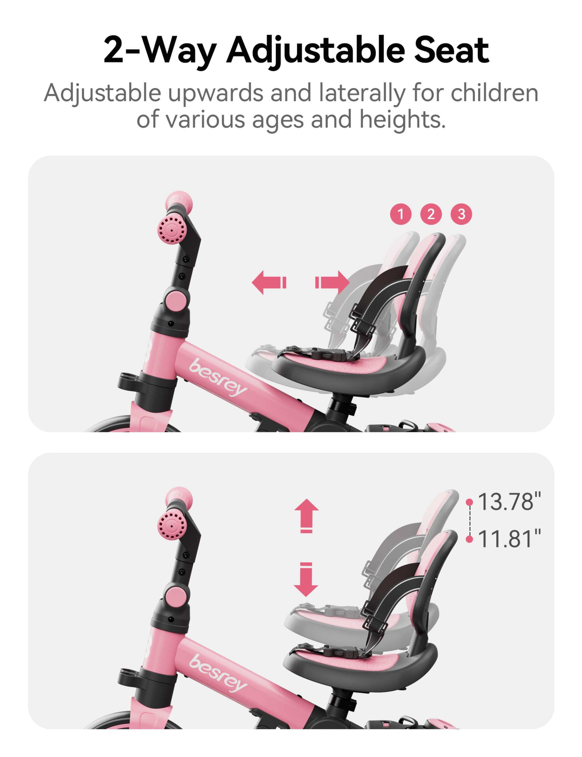 Besrey 5-in-1 Toddler Bike & Tricycle for 1-3 Year Olds - Adjustable Push Handle, Safety Belt & Backrest - Perfect Balance Bike & Birthday Gift for Boys & Girls - Ideal for Outdoor Play, Learning to Ride & Backyard Fun