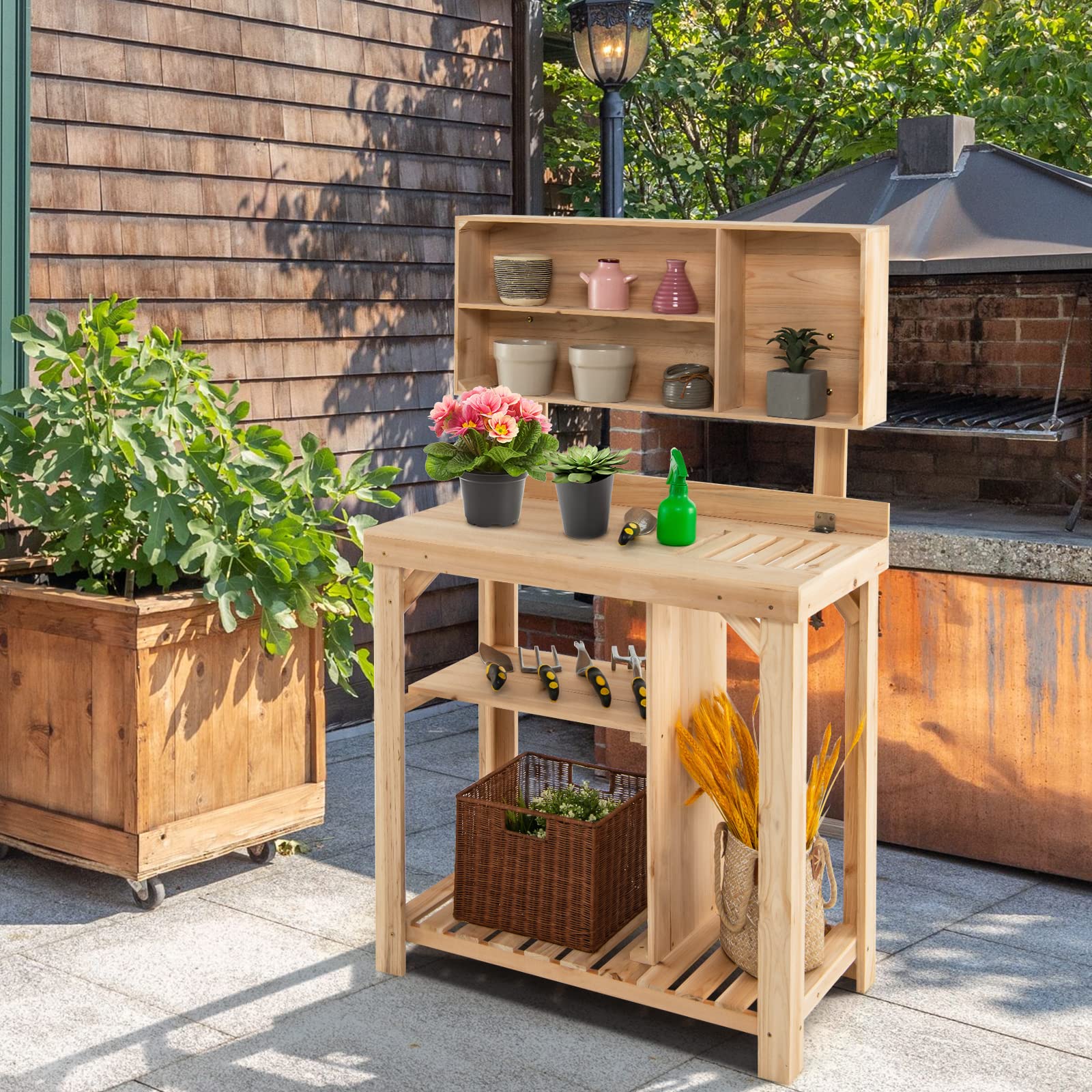 SAFSTAR Wooden Potting Bench with Bottom Shelves & Top Compartments - Sturdy Garden Workstation for Planting, Organizing Tools & Potted Plants - Perfect Outdoor Gardening Table for Backyard, Patio & Balcony Use