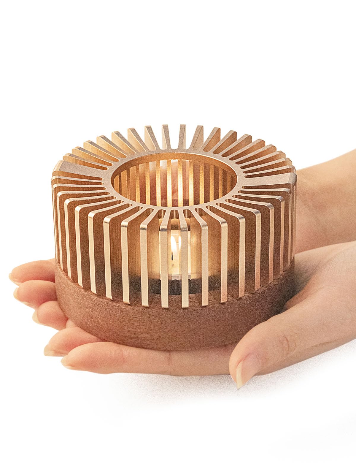 Premium Rose Gold Teapot Warmer - Aluminum Alloy & Wood Tea Warmer with Tea Light Holder - Candle Heater for Tea, Coffee & Milk - Portable Food Warmer for Camping, Travel, Home & Office Use