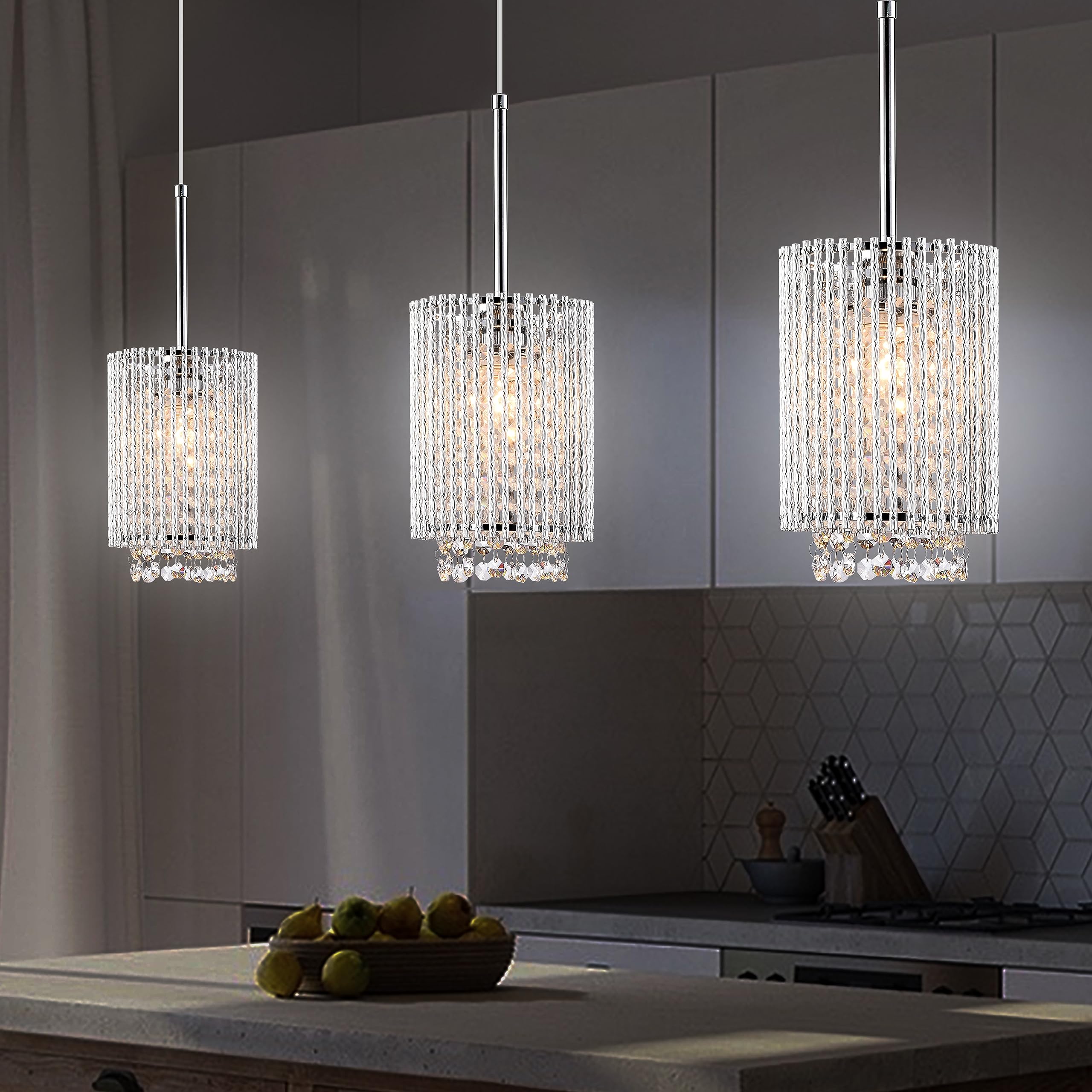 3 Pack Farmhouse Pendant Lights - Crystal Hanging Chandelier for Kitchen Island, Dining Room, Bedroom & Bar - Modern Ceiling Fixture with E26 Base - Perfect for Home Decor, Restaurant Lighting & Commercial Spaces