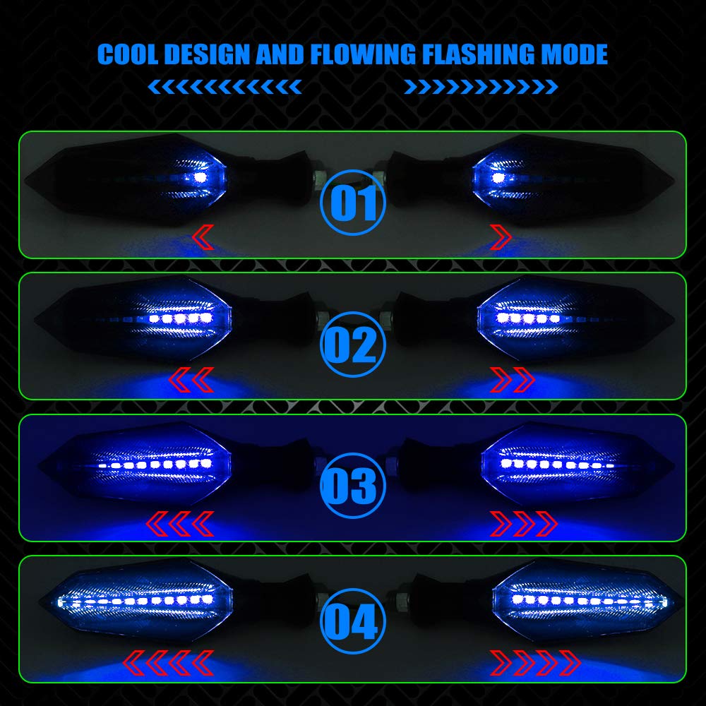 Universal Motorcycle LED Turn Signal Lights - Front & Rear Indicators with Blue Flowing & Daytime Running Lights, Waterproof 12V 17LEDs (2-Pack) - Perfect for Harley, Honda, Yamaha & Cruiser Bikes