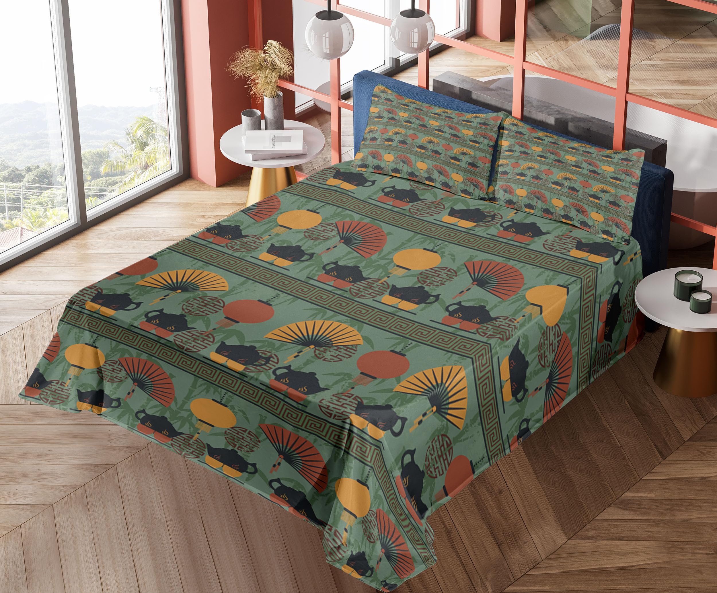 Ambesonne Tea Party 4-Piece Sheet Set - Traditional Chinese Teapots & Ornamental Branch Print King Size Bedding Set in Reseda Green & Marigold | Perfect for Asian-Themed Bedrooms, Tea Lovers & Cultural Home Decor