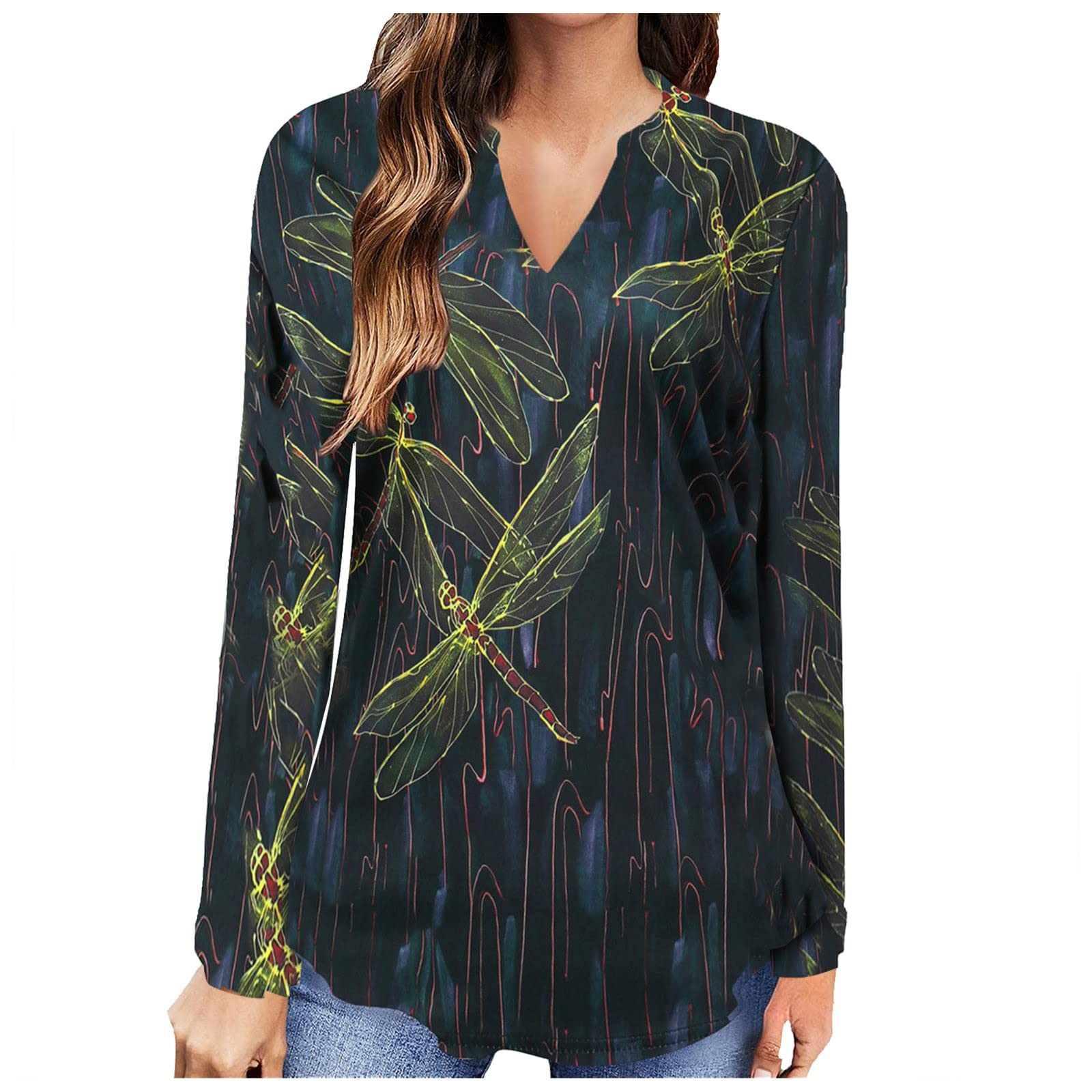 Women's Long Sleeve V-Neck Striped Dragonfly Print Blouses - Slim Fit Fall Tops for Work, Office & Home Wear | Casual & Professional Style