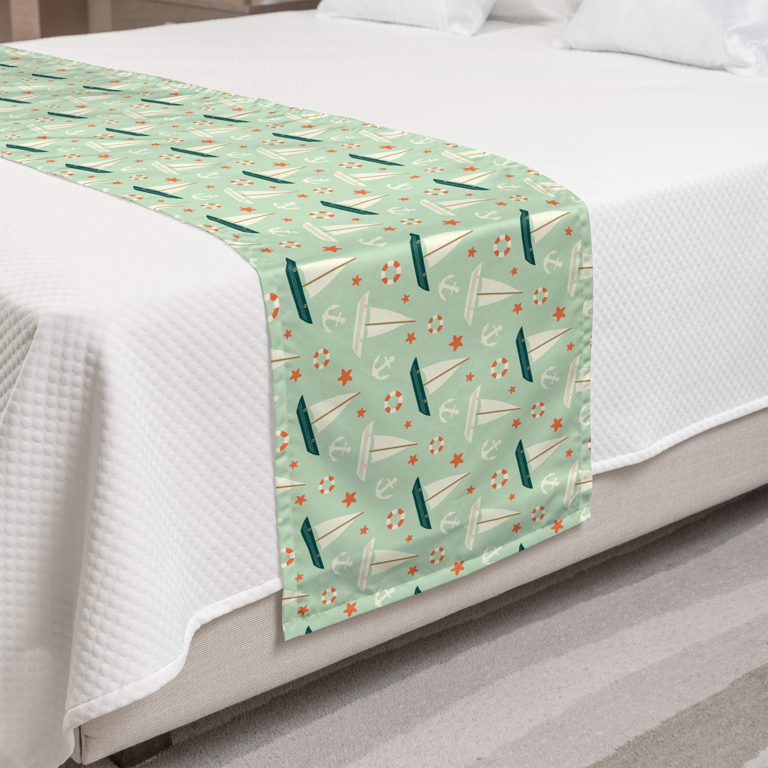 Ambesonne Nautical Bed Runner - Marine Themed with Sailboats & Stars, Decorative Bed Scarf for King Size Beds in Mint Green & Salmon | Perfect for Hotels, Homes & Guest Rooms | Coastal Bedroom Decor & Beach House Styling