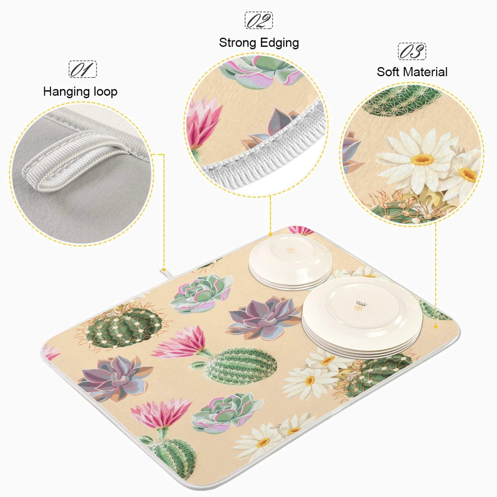 Cute Succulent Cactus Dish Drying Mat - Super Absorbent Microfiber for Kitchen Counter - Heat-Resistant 16x18 Inch - Perfect for Drying Dishes Safely