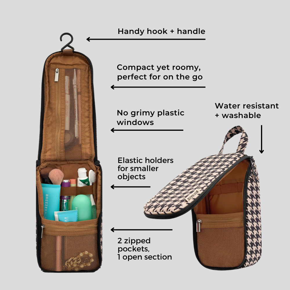 Slim Waterproof Travel Toiletry Bag for Women & Men - Houndstooth Pattern Cosmetic Organizer - Perfect for Airplane Carry-on, Gym, Camping & Weekend Getaways