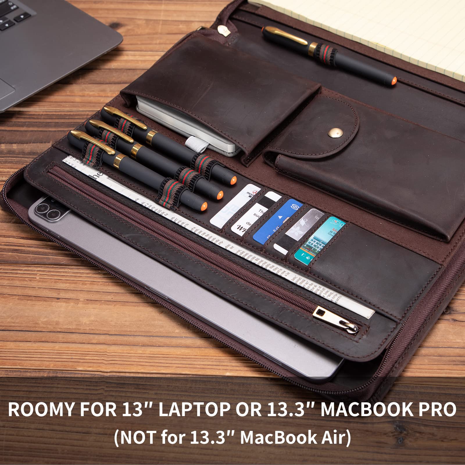 Custom Engraved Genuine Leather Portfolio for Men & Women - Professional Zippered Padfolio Binder Holds 8.5x11 Legal Pad & Laptop - Dark Brown Leather Organizer for Business Meetings, Office & Gifts