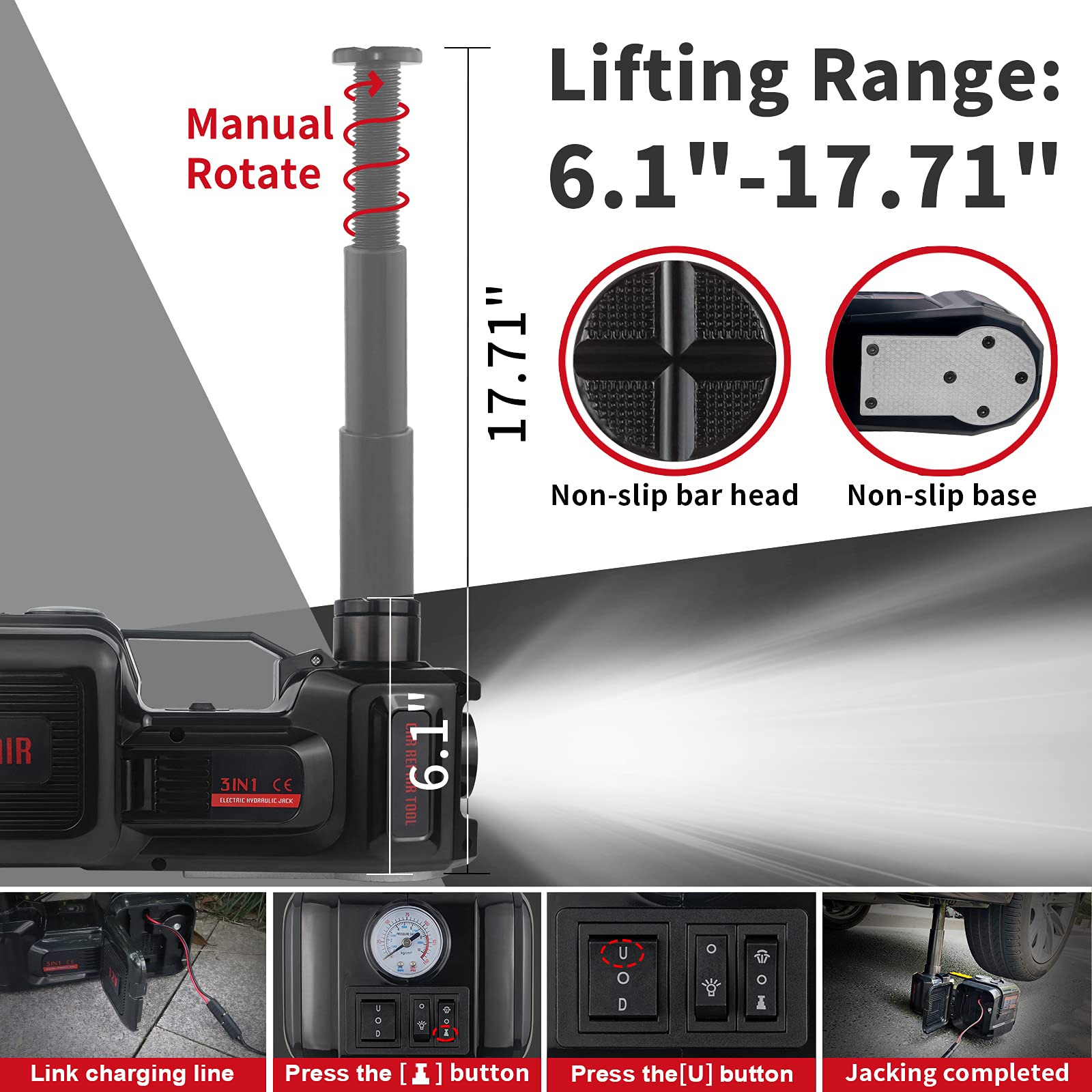 5 Ton 12V Electric Hydraulic Car Jack with Air Inflator - Portable Lifting Tool for SUV, Sedan, MPV (6.1-17.7 Inch Range) - Emergency Tire Changing & Roadside Repair Kit for Travel Safety