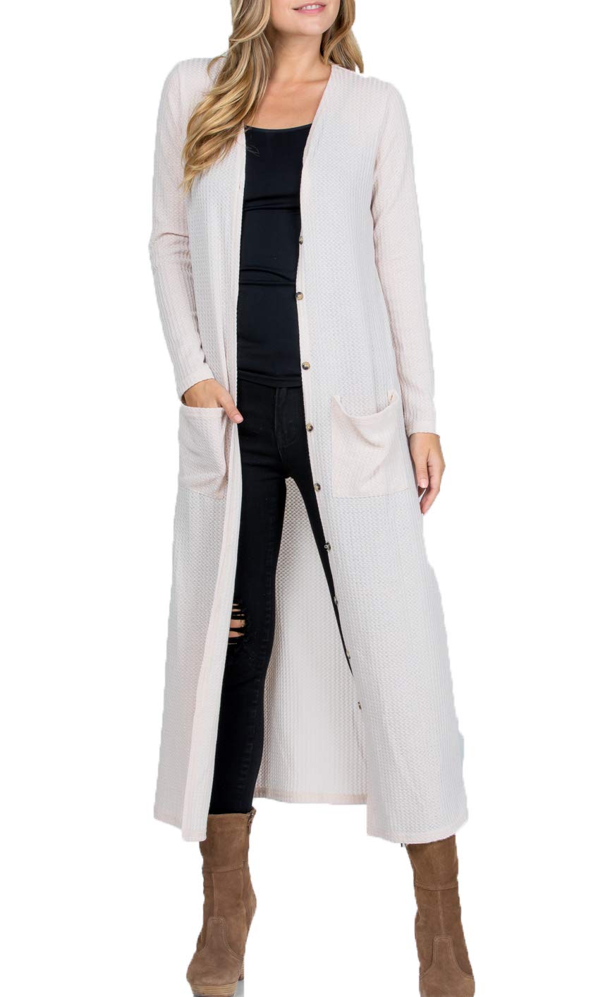 Lightweight Waffle Knit Women's Long Sleeve Button Down Cardigan with Pockets - Cozy Duster Sweater for Fall Layering & Casual Outfits