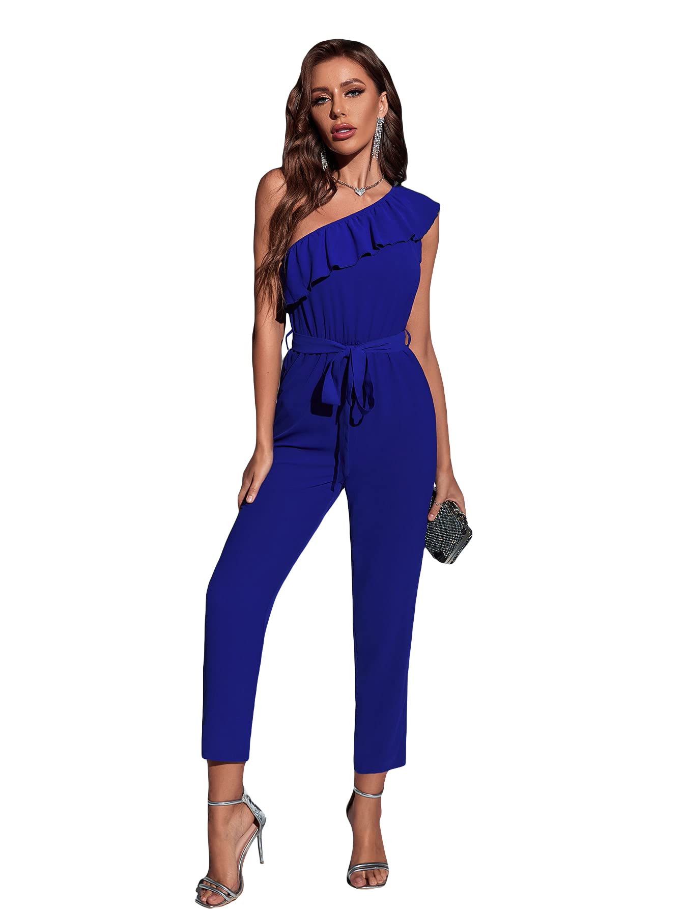 WDIRARA Women's One Shoulder Ruffle Trim Sleeveless Belted Jumpsuit Pants - Elegant Party Outfit for Evening Events, Date Night & Special Occasions