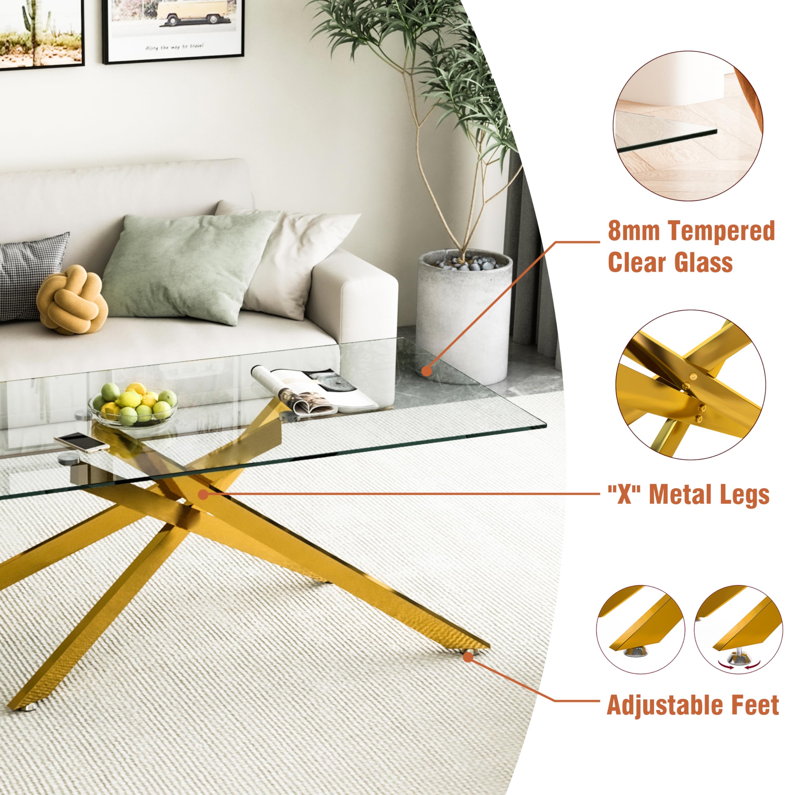 Modern 2-Piece Glass Coffee Table Set with Tempered Glass Top & Gold Metal Legs - Living Room & Home Office Furniture - Perfect for Small Spaces, Sofa Sets & Lounge Areas