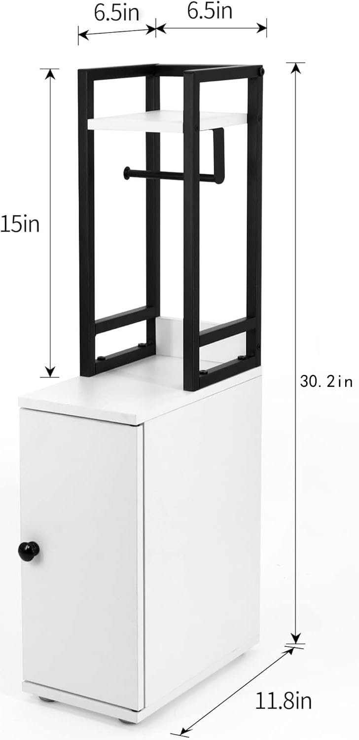 Small Narrow Bathroom Storage Cabinet with Toilet Paper Roll Holder - Slim Metal Frame Bath Organizer for Toilet Paper & Bath Essentials - Perfect for Compact Bathrooms, Powder Rooms & RV Baths - White