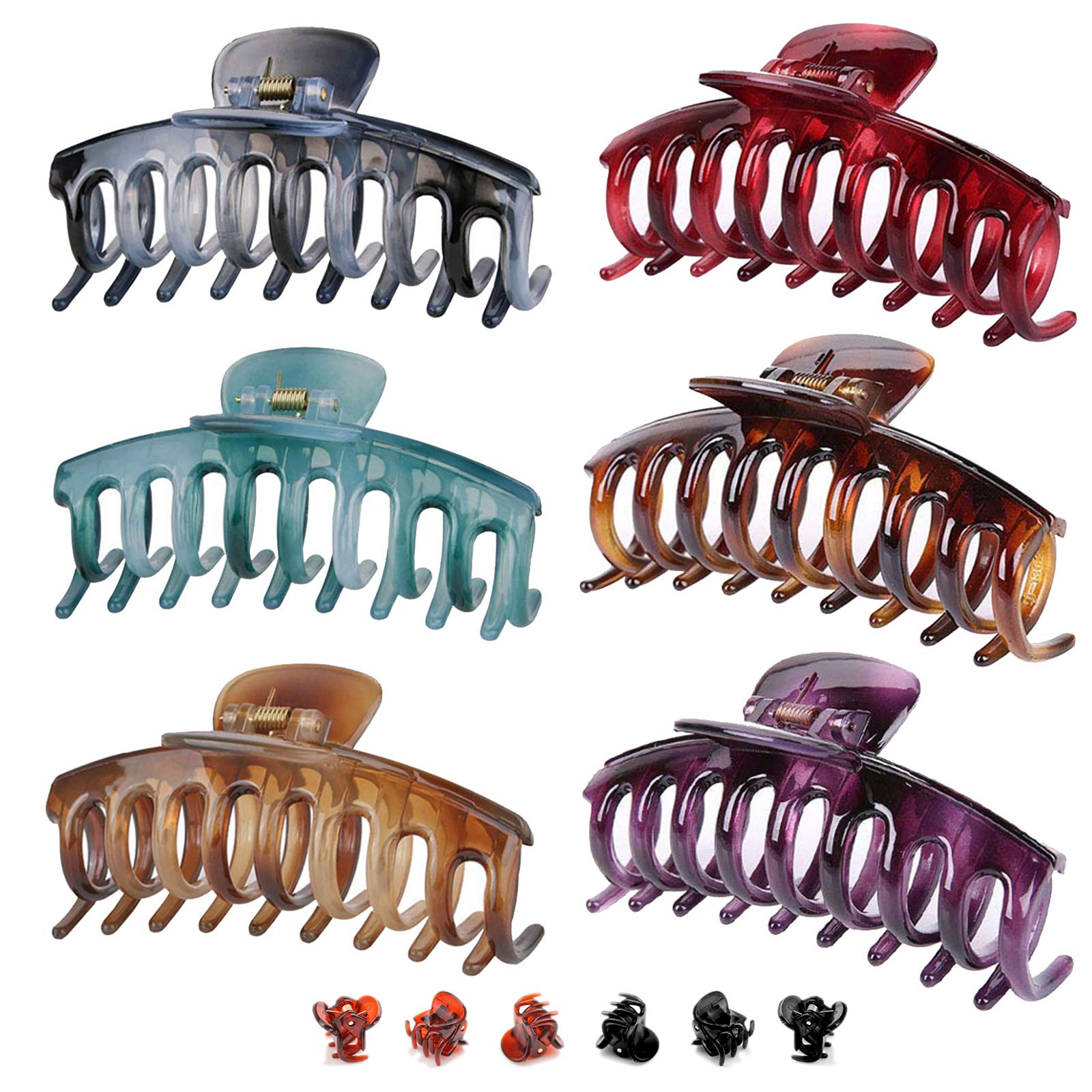 Large Hair Claw Clips 6PCS - Strong Hold Hair Clips for Women, Colorful Hair Claws for Thick & Fine Hair (Includes 6 Mini Hair Grips) - Perfect for Updos, Ponytails & Everyday Styling