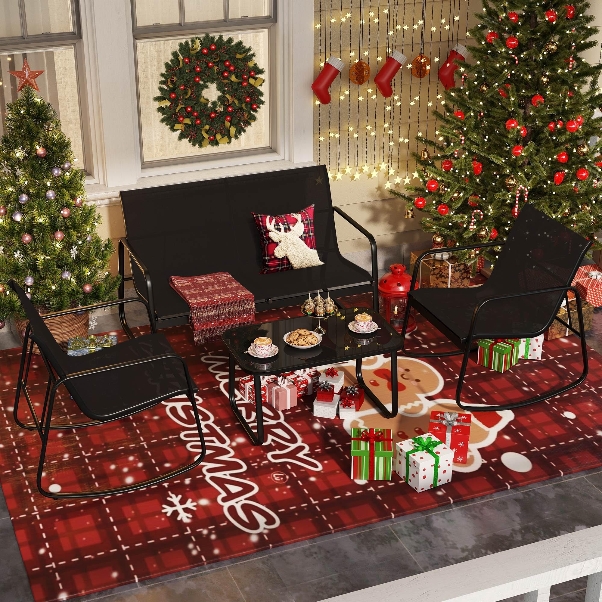**DWVO 4-Piece Patio Furniture Set - 2 Rocking Chairs, Sofa & Glass Coffee Table - Outdoor Conversation Set for Porch, Deck, Garden, Backyard, Poolside - Black**    *(Perfect for Relaxing, Entertaining, or Enjoying Coffee Outdoors!)*