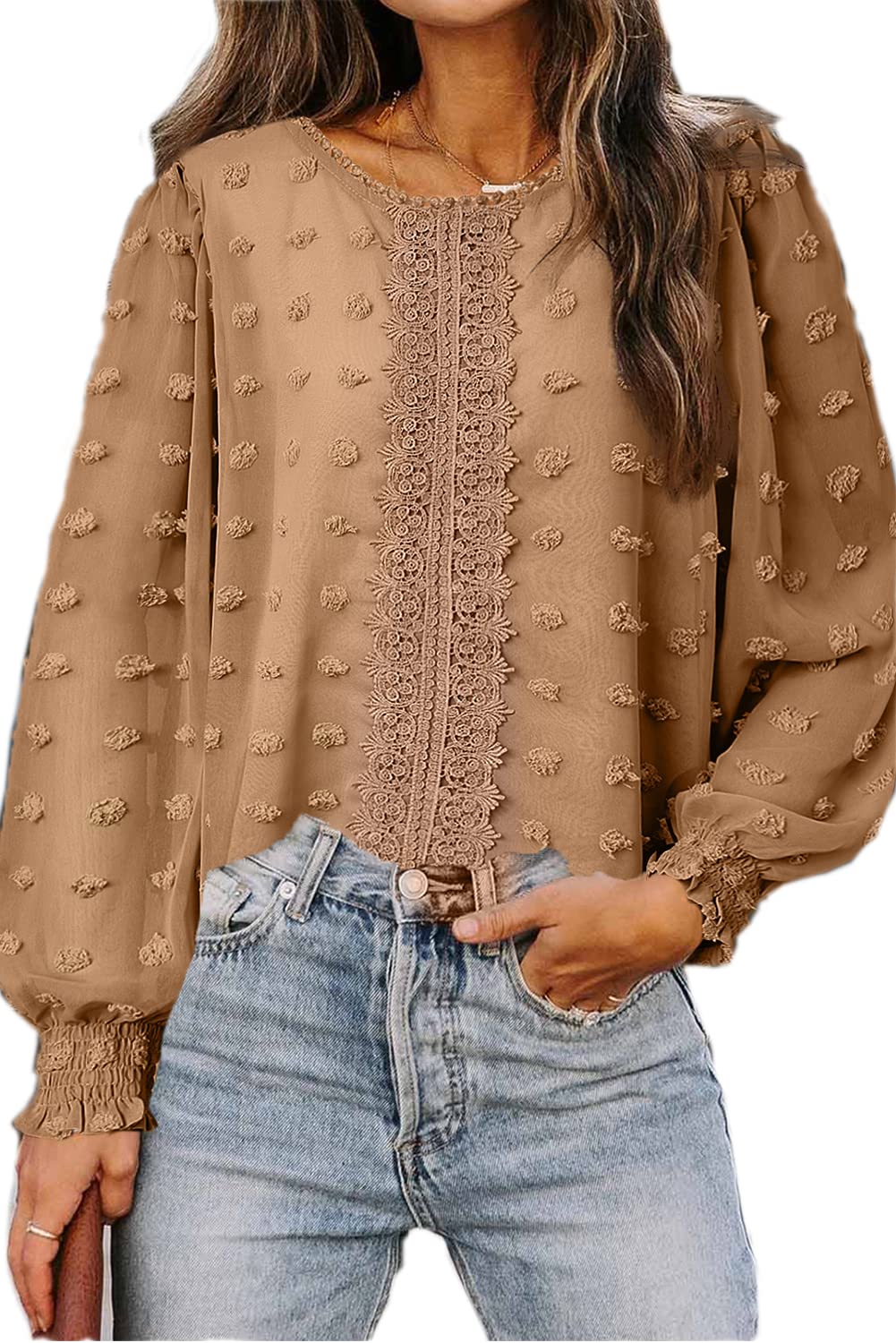 Elegant Women's Chiffon Blouse Long Sleeve Round Neck Swiss Dot Casual Shirt for Work, Party & Daily Wear | Breathable & Comfortable Office & Spring Outfit