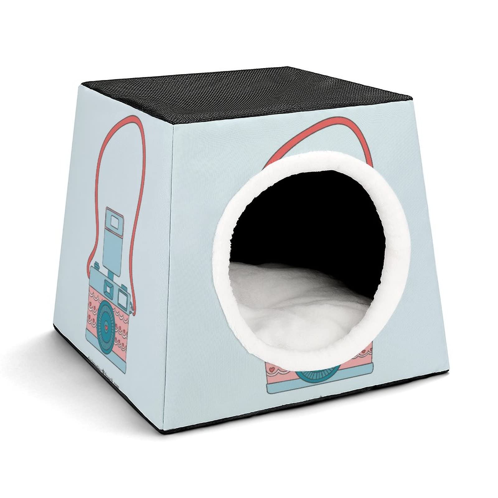 Printed Cat Houses & Condos - Foldable Cat Cube Bed with Removable Pillow - Cute Camera Cartoon Design for Indoor Cats - Perfect for Living Room, Bedroom or Office Pet Furniture