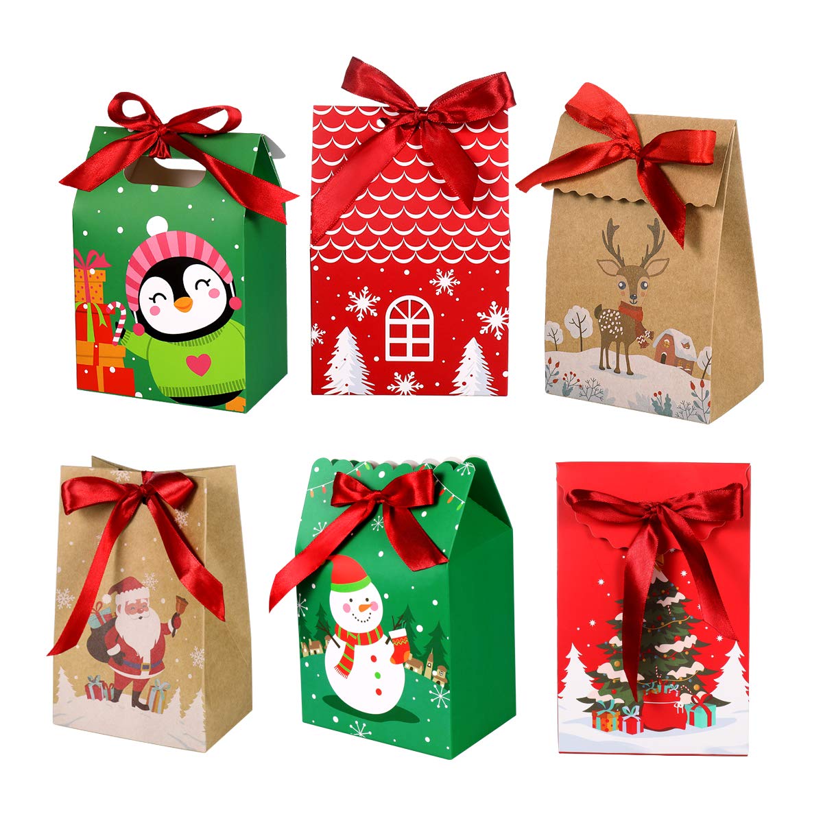 24 Pack Christmas Candy Boxes - 6 Unique Reusable Treat Bags for Gifts, Candies, Cookies | Xmas Party Favors, Holiday Gift Wrapping, Stocking Stuffers & Classroom Treats