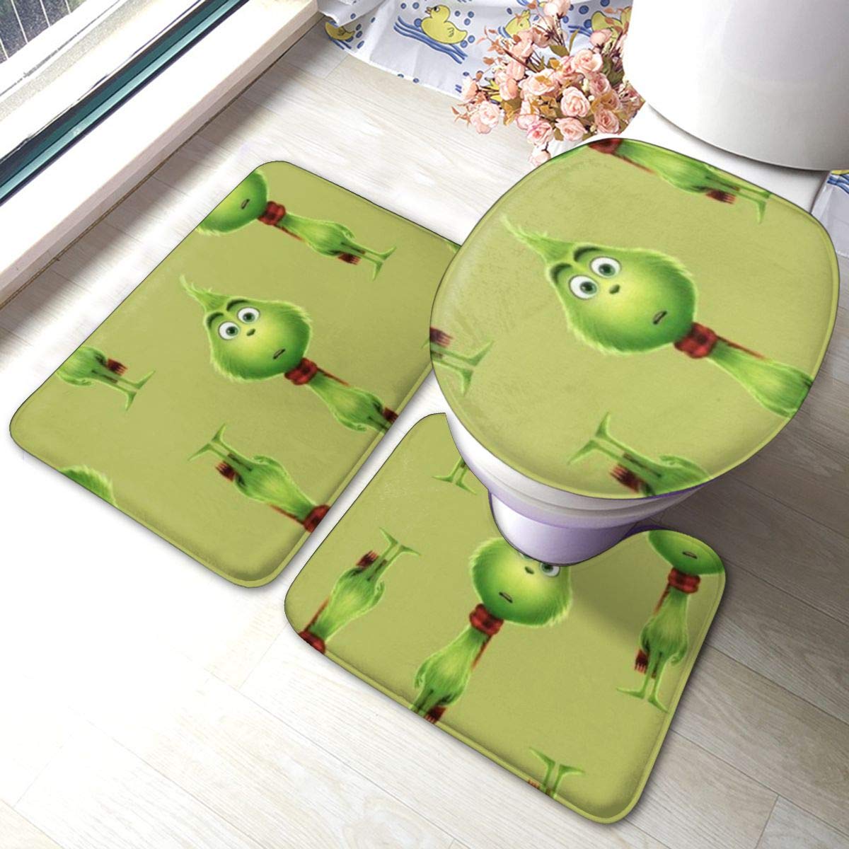 Funny Grinch 3D Printed Bathroom Rug Set - 3 Piece Non-Slip Bath Mat, Contour Mat & Toilet Lid Cover - Anti-Skid Bathroom Floor Mats for Kids & Adults - Perfect for Christmas Decor, Guest Bathrooms & Cozy Home