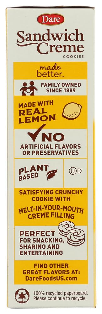 Dare Creme Cookies 10.2oz (Pack of 2) - Lemon Flavored Sandwich Cookies | Perfect for Snacking, Lunchboxes & Tea Time Treats