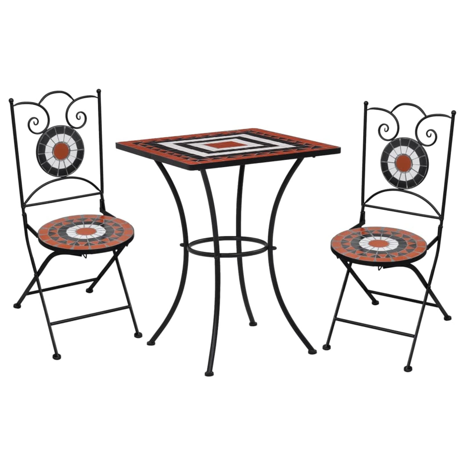 Tidyard 3-Piece Bistro Set - Ceramic Tile Top Table with 2 Folding Chairs, Sturdy Iron Frame in Terracotta & White | Perfect for Patio, Balcony, Garden, Backyard & Outdoor Dining