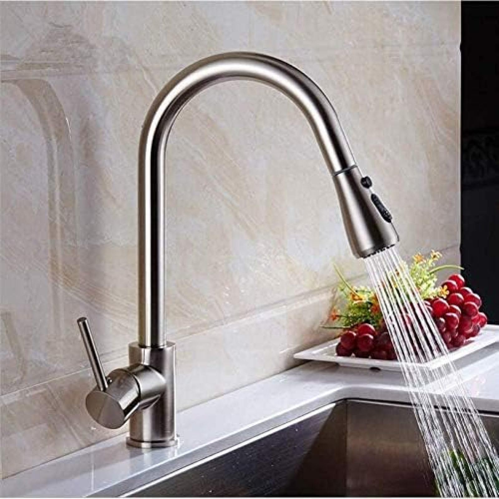 CRJUS Pull-Out Kitchen Faucet with 360° Swivel Spout - Stainless Steel Sink Mixer Tap for Modern Home Kitchen (Great for Washing Dishes, Filling Pots & Cleaning Vegetables)