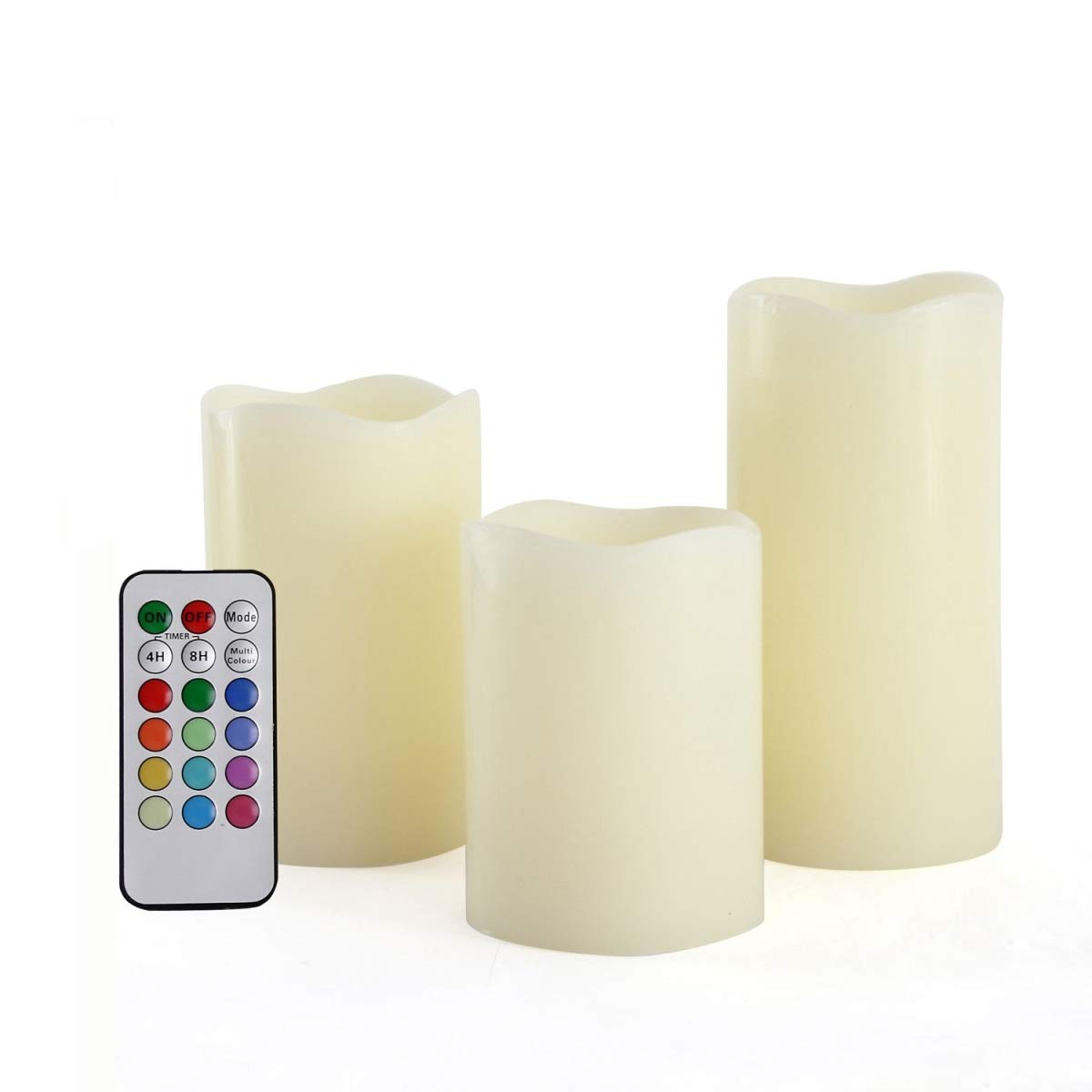 Unilution CAC70RW31456M Flameless LED Wax Pillar Candles with Remote Control - Set of 3 Multicolor Changing Lights for Home Decor, Romantic Dinners & Holiday Centerpieces