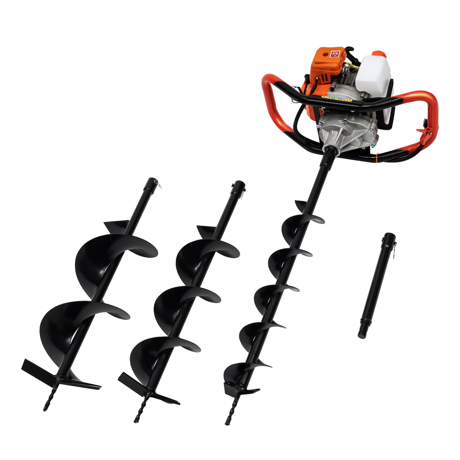 52CC Gas Post Hole Digger - 1.98HP 2-Stroke Engine with Air-Cooled Cylinder & 1.2L Fuel Tank - Includes 3 Drill Bits (4