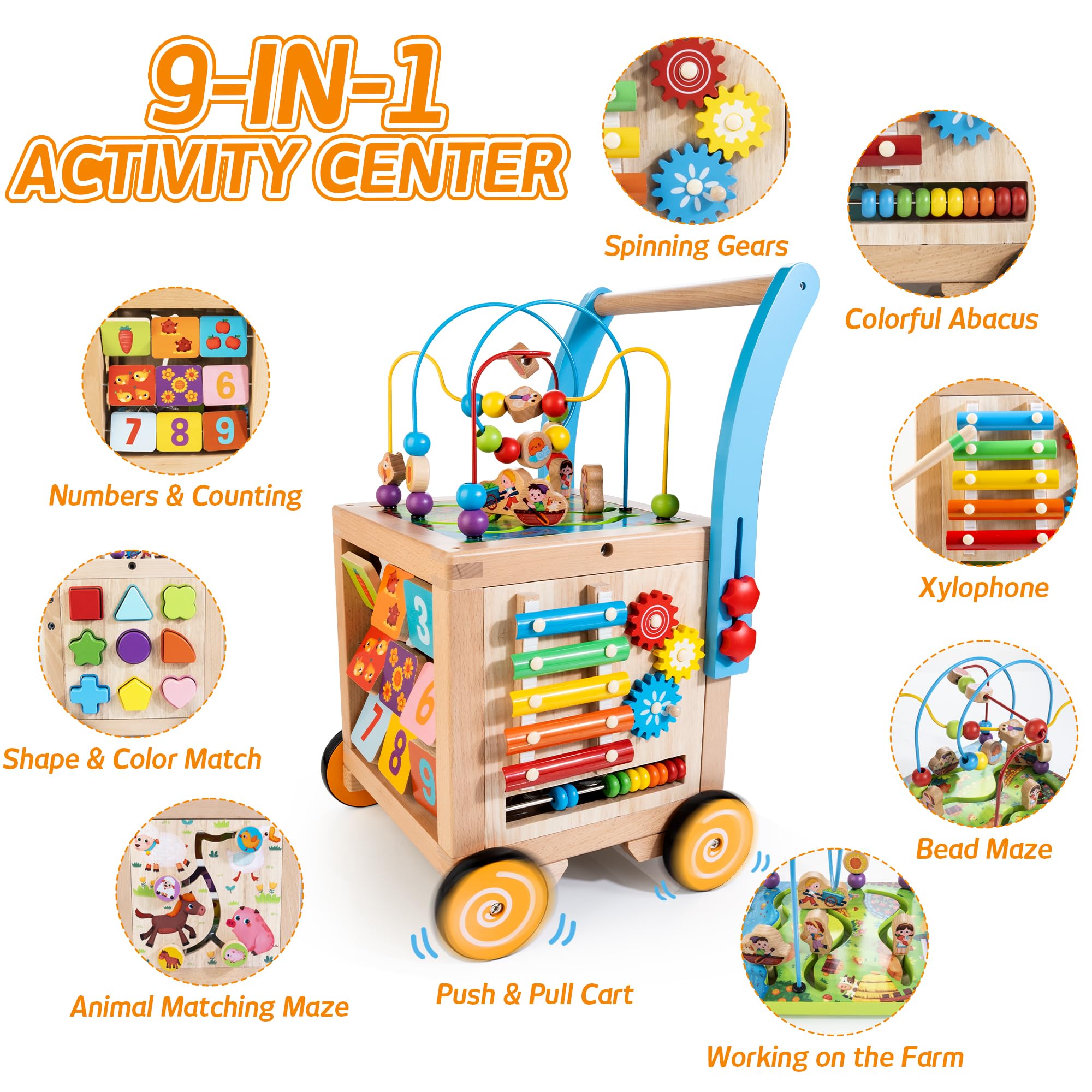 **9-in-1 Wooden Baby Walker & Activity Cube – Adjustable Sit-to-Stand Learning Toy for Toddlers, Push & Pull Early Educational Toy for Boys & Girls – Perfect for Playtime, Learning & Motor Skill Development**