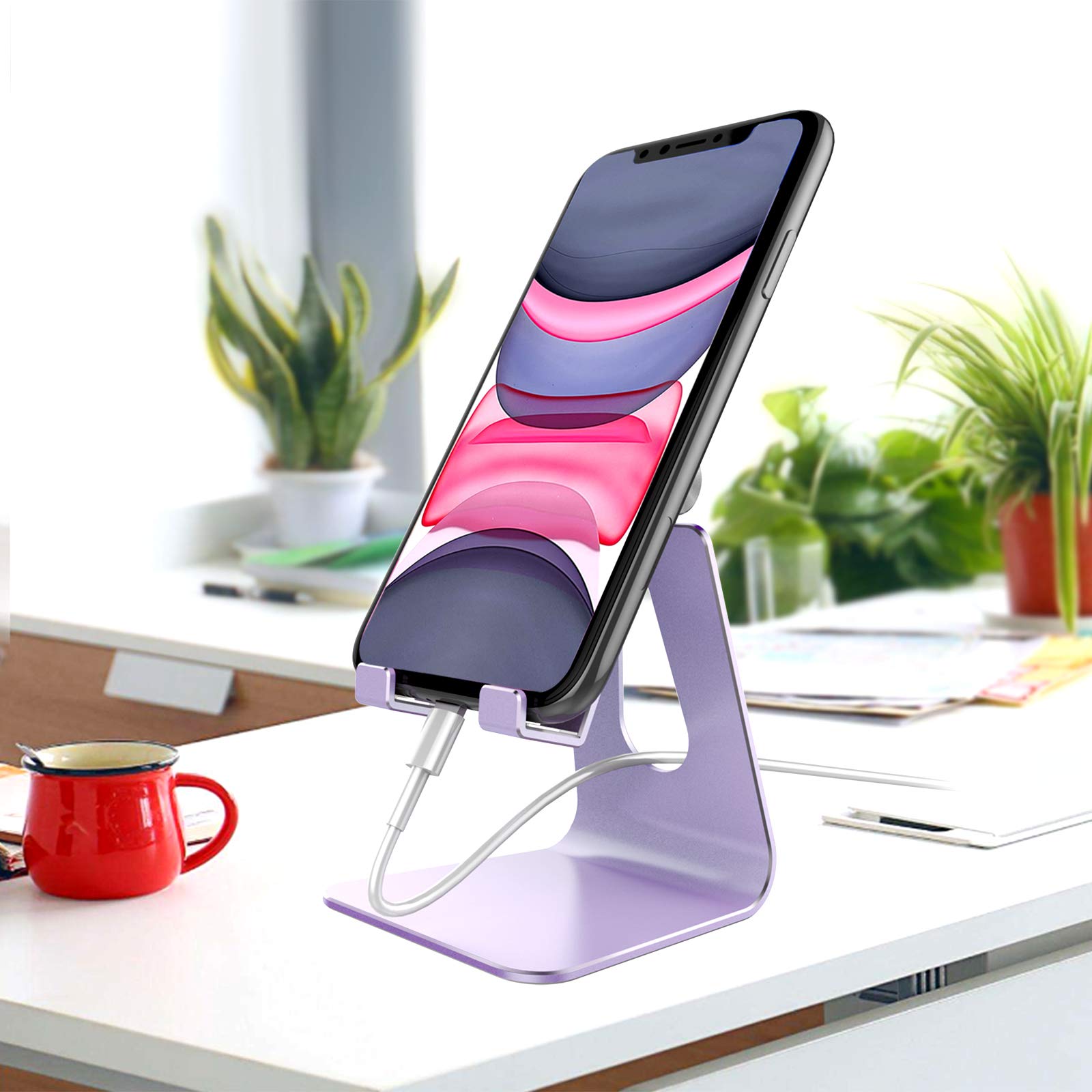 CreaDream Adjustable Aluminum Phone Stand Holder - Universal Dock & Cradle for iPhone 13 12 11 Pro Max & All Smartphones - Desktop Charging Stand Accessories (Purple) - Perfect for Home Office, Bedside & Travel Use