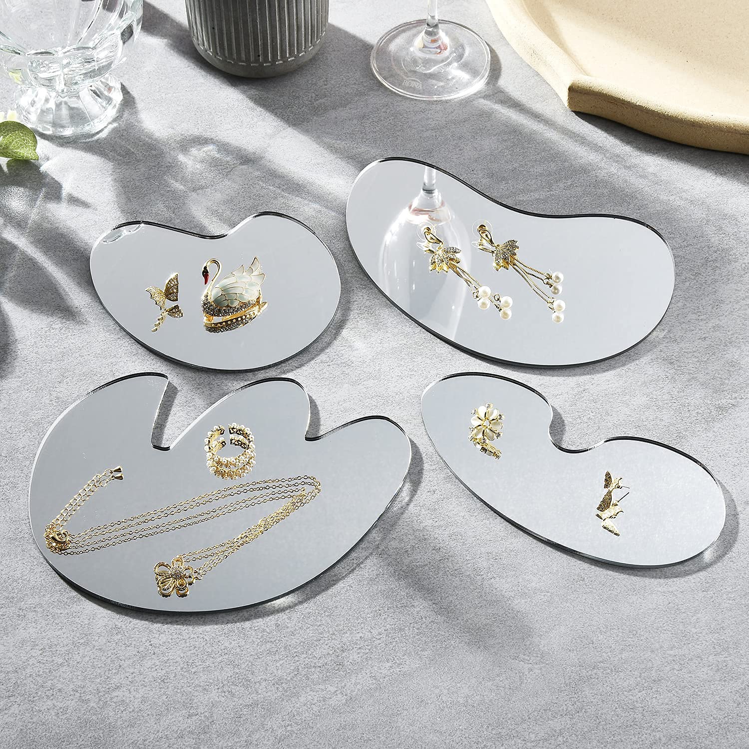 Set of 4 Silver Mirror Acrylic Coasters - Modern Geometric Jewelry Display Trays for Rings, Necklaces & Accessories - Perfect for Home Decor, Vanity Organizer or Gift Idea