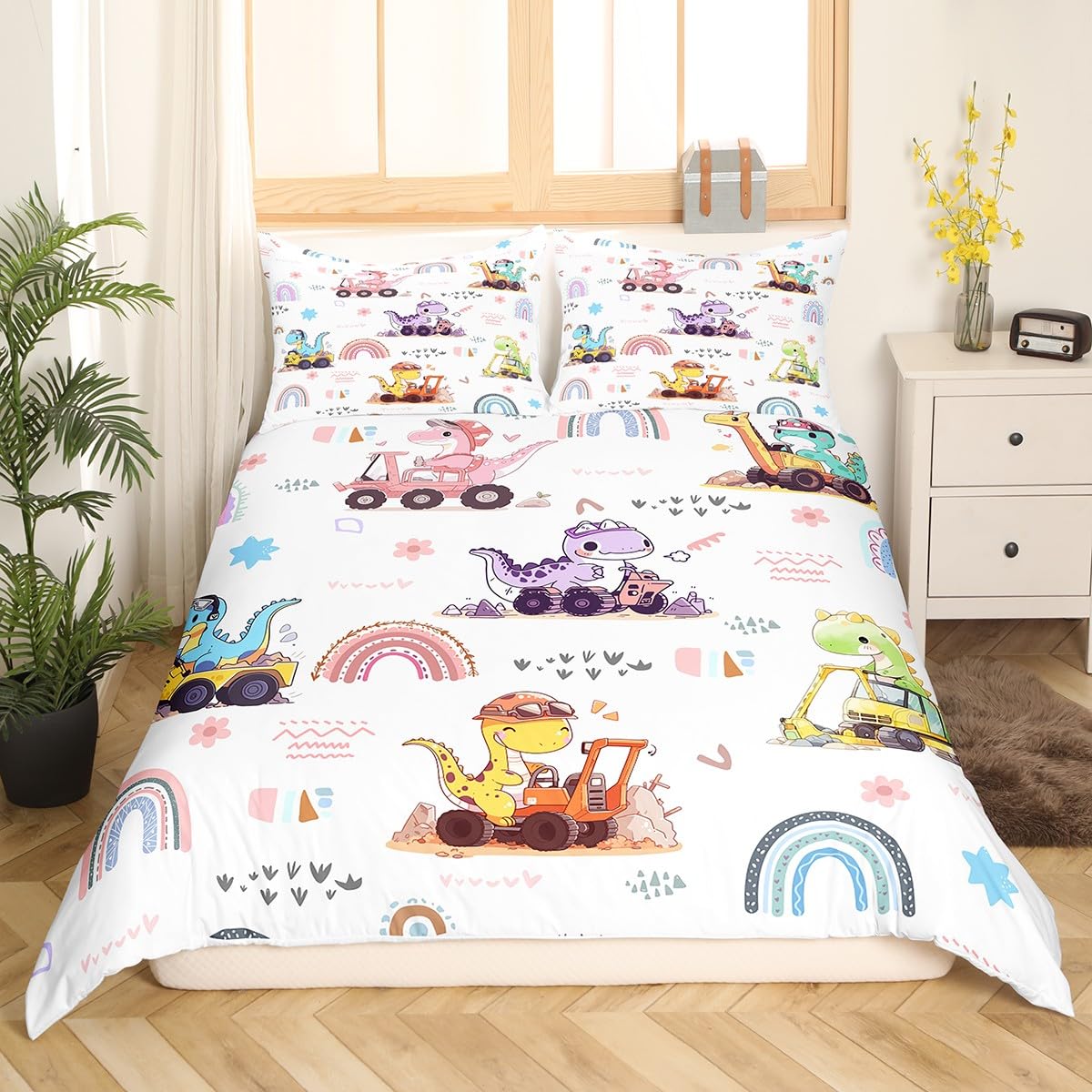 **Dinosaur Cars Duvet Cover Queen Size - Watercolor Rainbow Cartoon Construction Vehicle Bedding Set for Kids, Teens, Boys & Girls - Super Soft All-Season Comforter Cover (Not Included) - Perfect for Nursery, Bedroom & Gift Ideas**