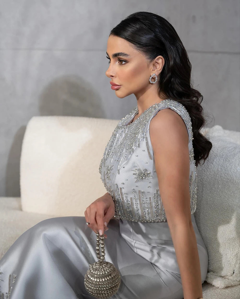Luxury Dubai & Saudi Beaded Gray Midi Formal Evening Dress LA72761 - Elegant Arabic Occasion Gown for Weddings, Parties & Special Events