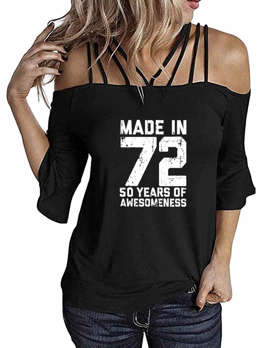 72 Printed 50th Birthday Women's Casual Off-The-Shoulder T-Shirt with Ruffle Sleeves - Perfect for Birthday Parties, Anniversary Celebrations & Casual Outings