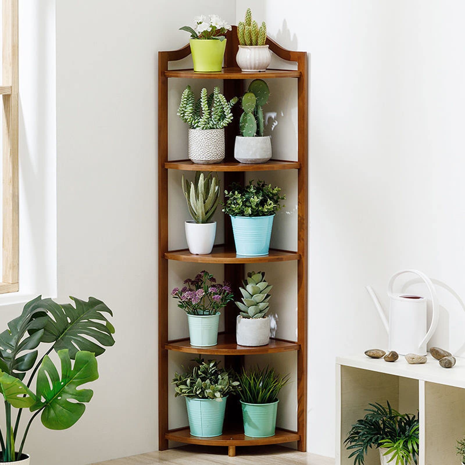 5-Tier Bamboo Corner Bookshelf - Multipurpose Flower Shelf & Display Rack for Plants, Kitchen, Living Room, Office | Space-Saving Organizer for Home Decor (Brown) | Perfect for Small Spaces & Corner Plant Displays