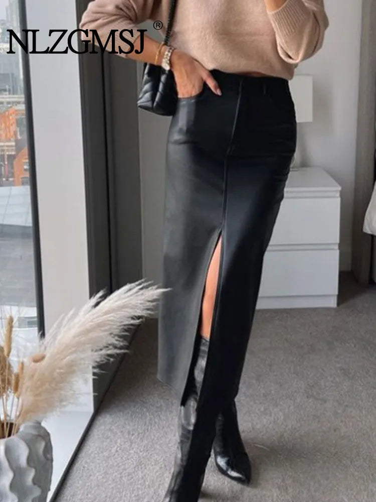 Stylish Faux Leather Midi Skirt for Women - High Waist Zipper Fly Design with Side Pockets | Perfect for Fall Fashion, Office Wear & Night Out Outfits