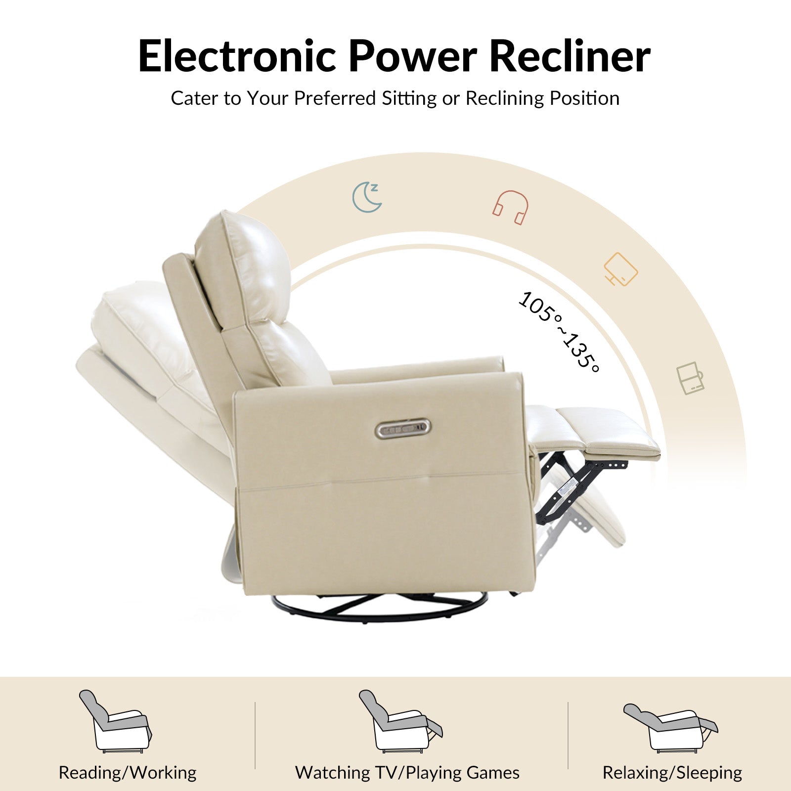 Modern Faux Leather Power Swivel Recliner Chair with USB Charging & Adjustable LED Reading Lamp - Perfect for Home Theater, Living Room & Office Relaxation
