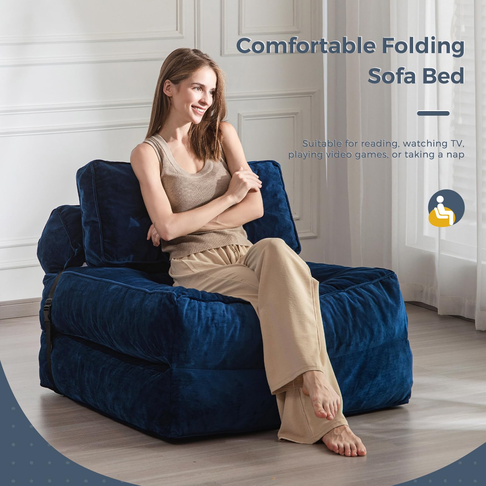 MAXYOYO Velvet Convertible Sleeper Sofa Bed - Foldable Guest Bed with Pillow, Navy Blue | Space-Saving Furniture for Small Apartments, Living Rooms & Dorm Rooms