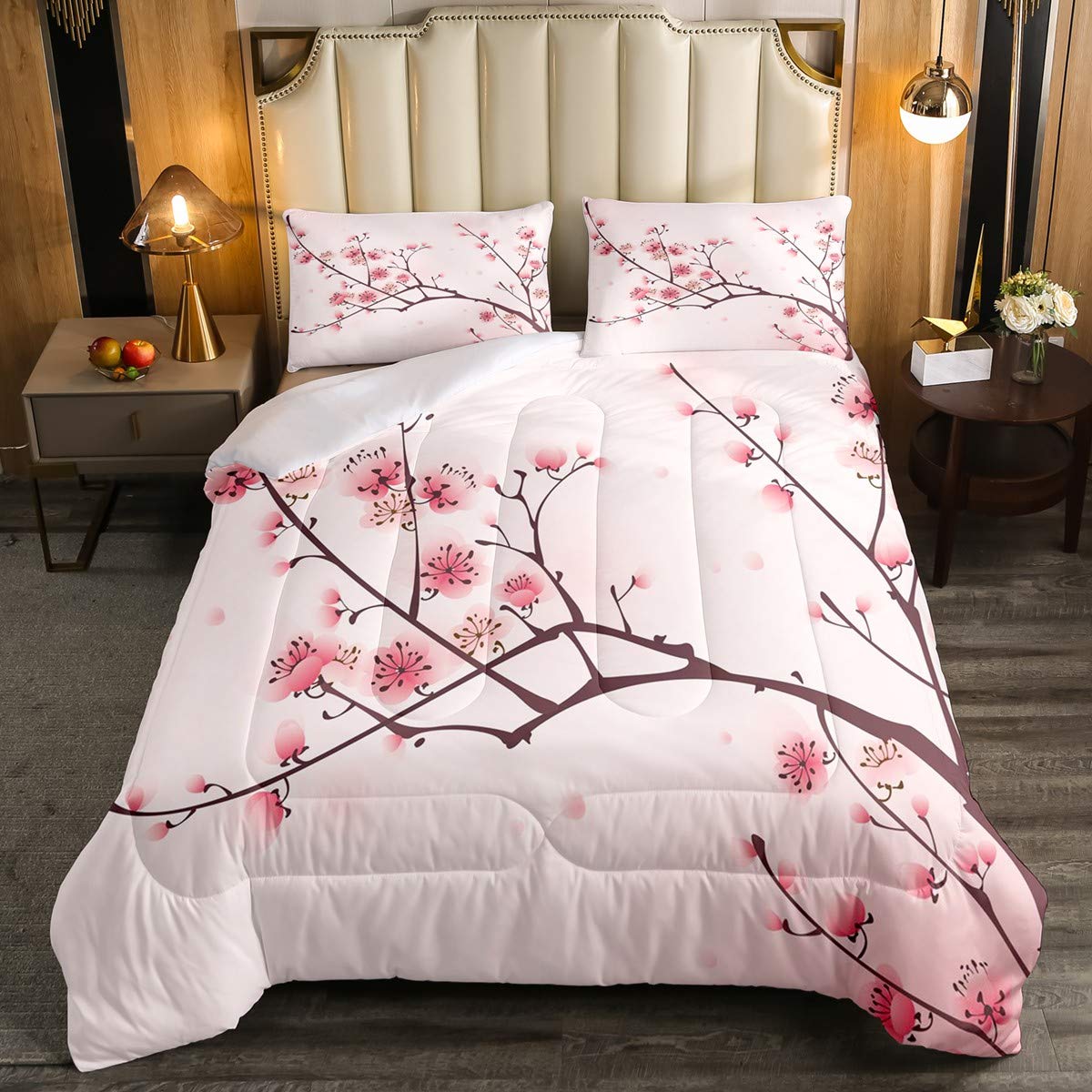 Erosebridal Cherry Blossom Bedding Set Queen Size - Pink Floral Comforter Set for Women & Girls, Romantic Petal Duvet Cover with Rustic Branches Design, Includes 2 Pillow Shams - Perfect for Spring Bedroom Decor & Cozy Home Styling