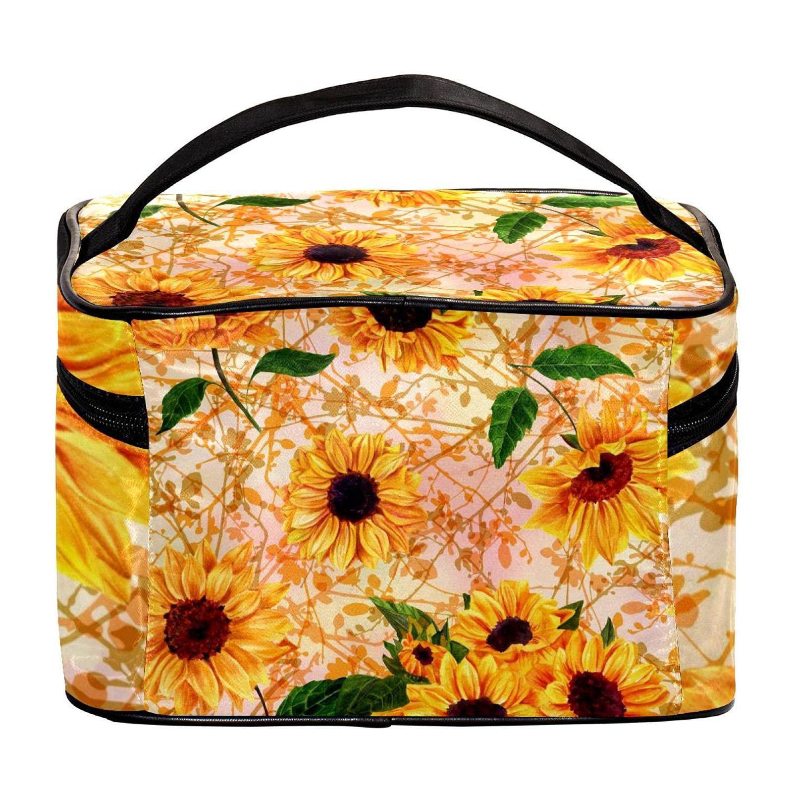 Yellow Sunflowers Green Leaves Large Travel Makeup Bag - Waterproof Cosmetic Organizer with Zipper for Women & Girls - Perfect for Vacation, Gym, and Daily Essentials Storage