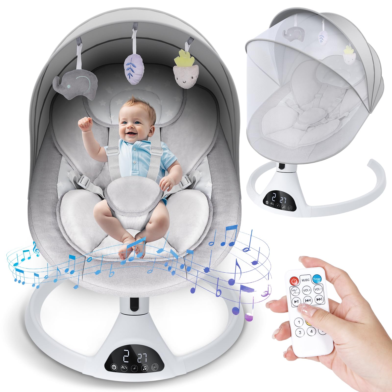 Omzer Electric Baby Swing for Infants - Bluetooth Enabled Remote Control with Music Speaker, Timer & 5 Speed Settings | Soothing Rocking Motion for Newborns to Toddlers | Perfect for Nursery, Daycare & Travel Use