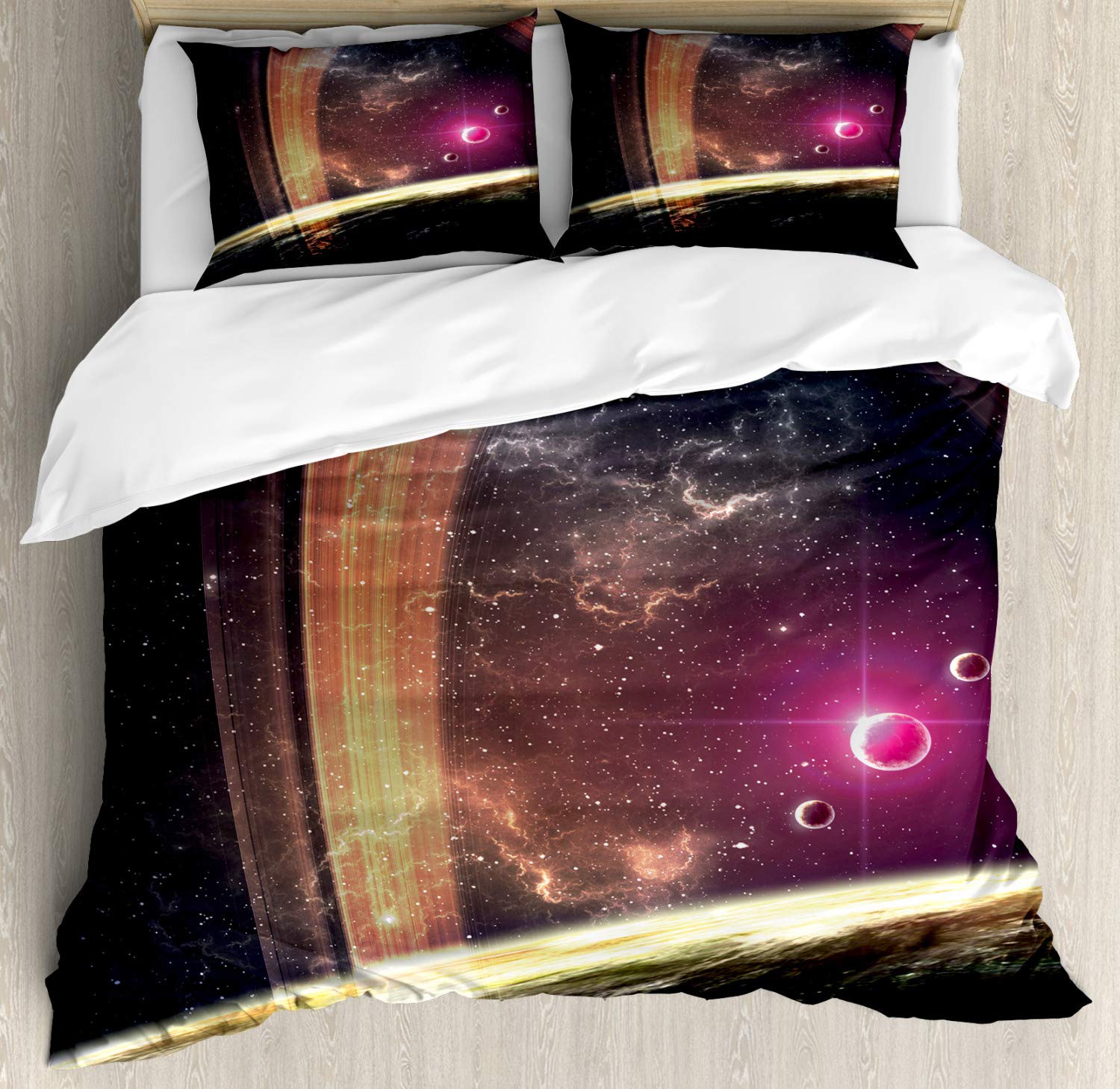 Ambesonne Galaxy Duvet Cover Set - Deep Space Planets, Nebula & Stars Science Fiction Art Bedding | 3-Piece California King Set with 2 Pillow Shams in Dark Grey Magenta | Perfect for Sci-Fi Lovers, Space-Themed Bedrooms & Unique Home Decor