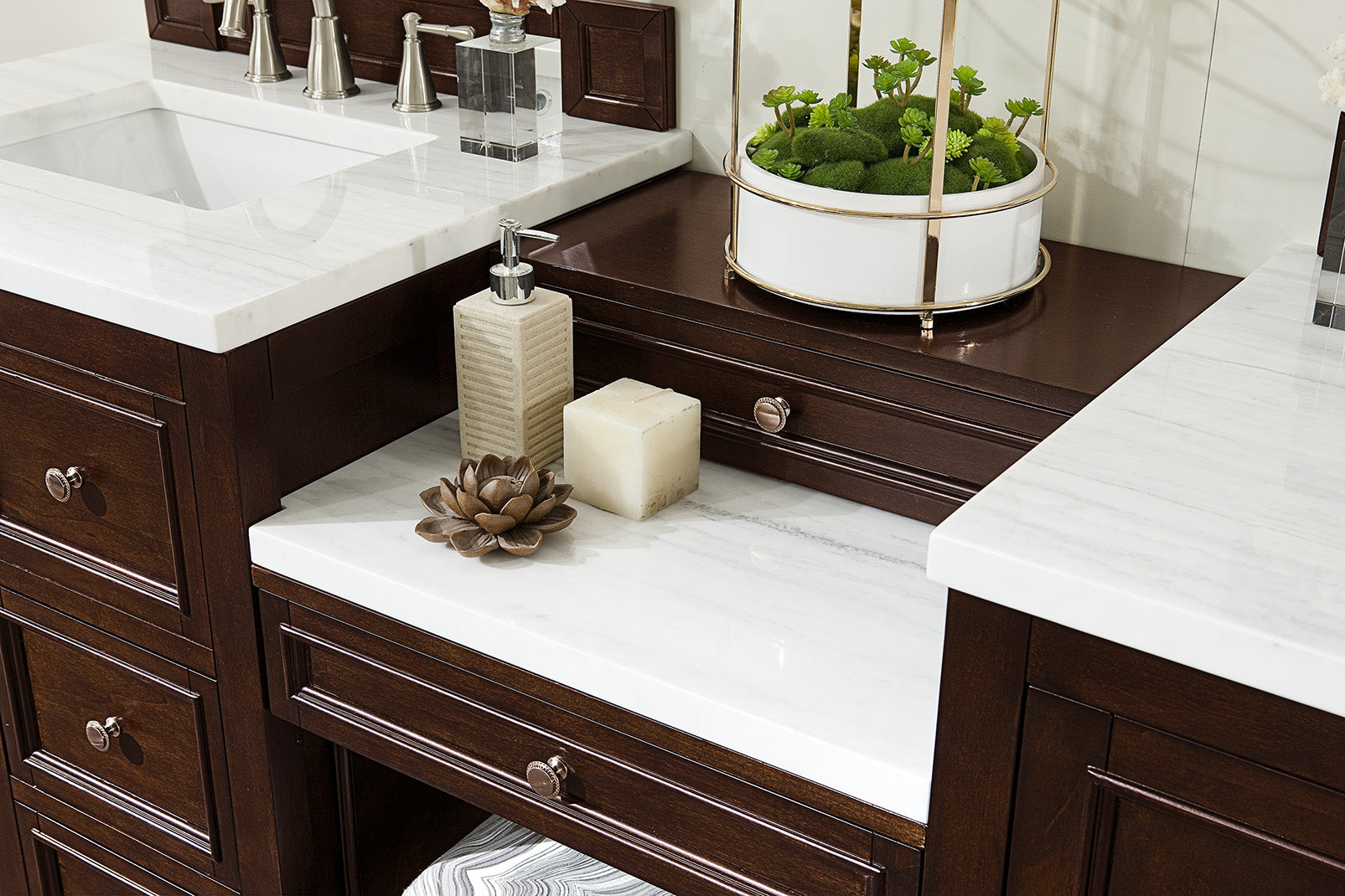 De Soto 82 Inch Double Vanity Set with Makeup Table - Burnished Mahogany Finish & 3CM Arctic Fall Solid Surface Top - Perfect for Master Bathroom Renovation & Luxury Home Decor