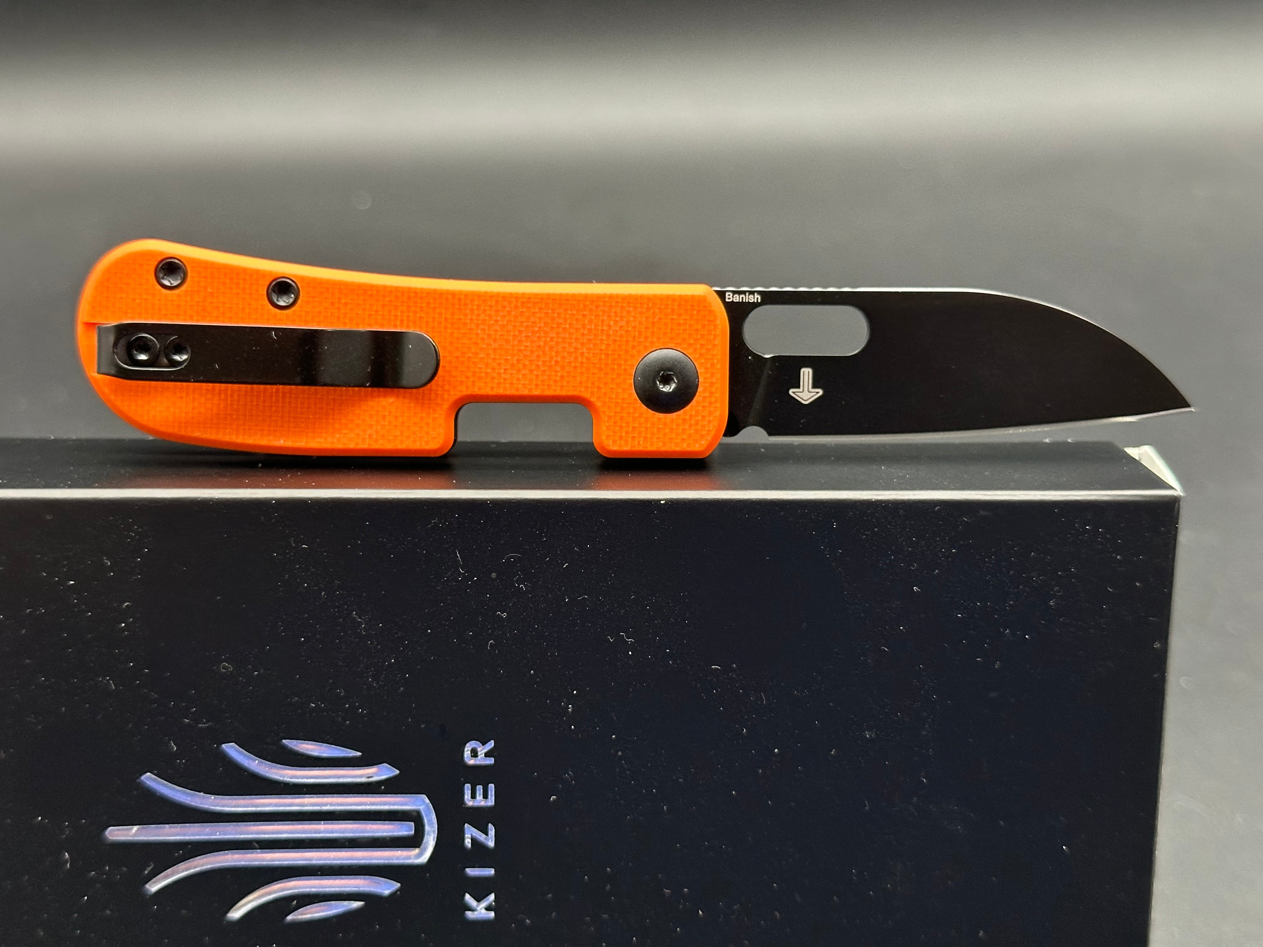 Kizer Banish Folding Knife - Nitro V Steel Blade, Button Lock, Orange Textured G10 Handle - EDC Pocket Knife for Outdoor, Camping & Everyday Carry
